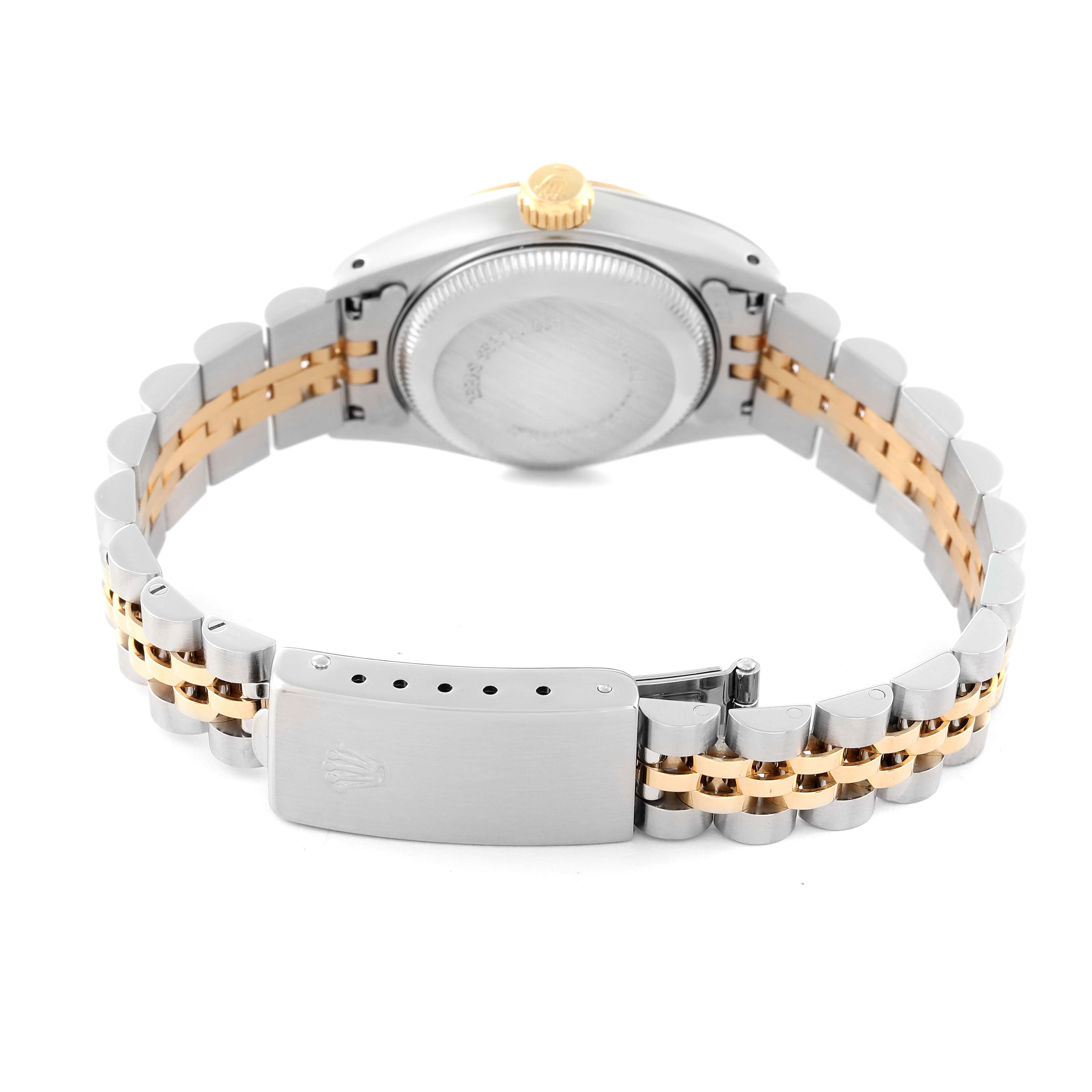 The image shows the back view of a Rolex Datejust 69173 Women's Steel and Gold (two tone) White Dial 69173 Women's Steel and Gold (two tone) White Dial watch, highlighting the clasp, bracelet, case back, and crown.
