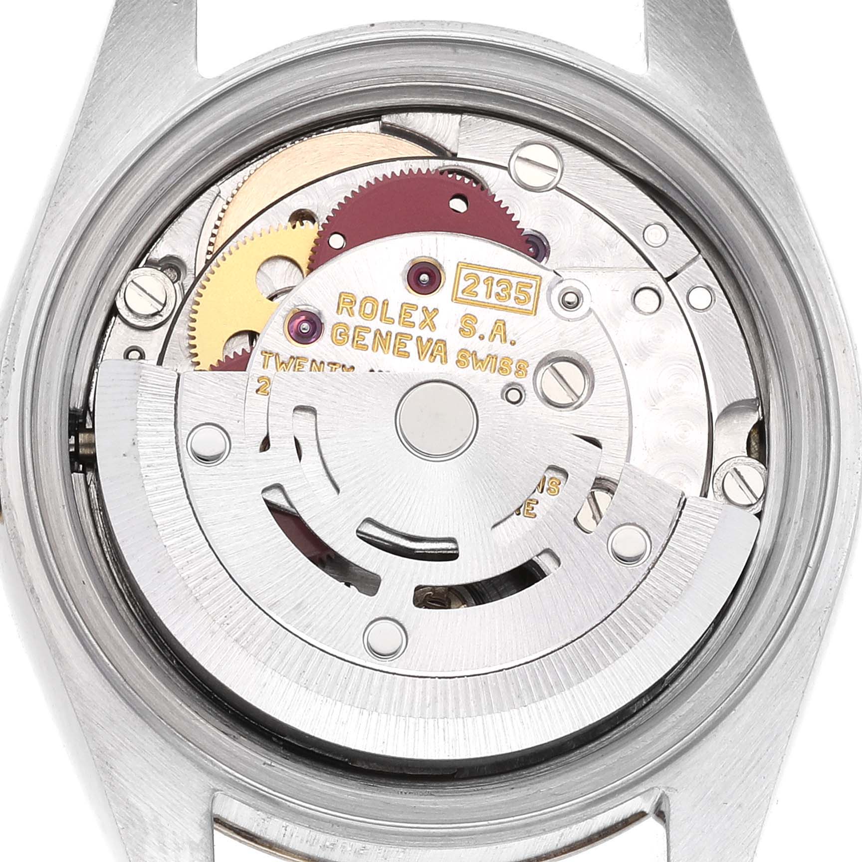 This image shows the internal movement mechanism of a Rolex Datejust 69173 Women's Steel and Gold (two tone) White Dial 69173 Women's Steel and Gold (two tone) White Dial watch.