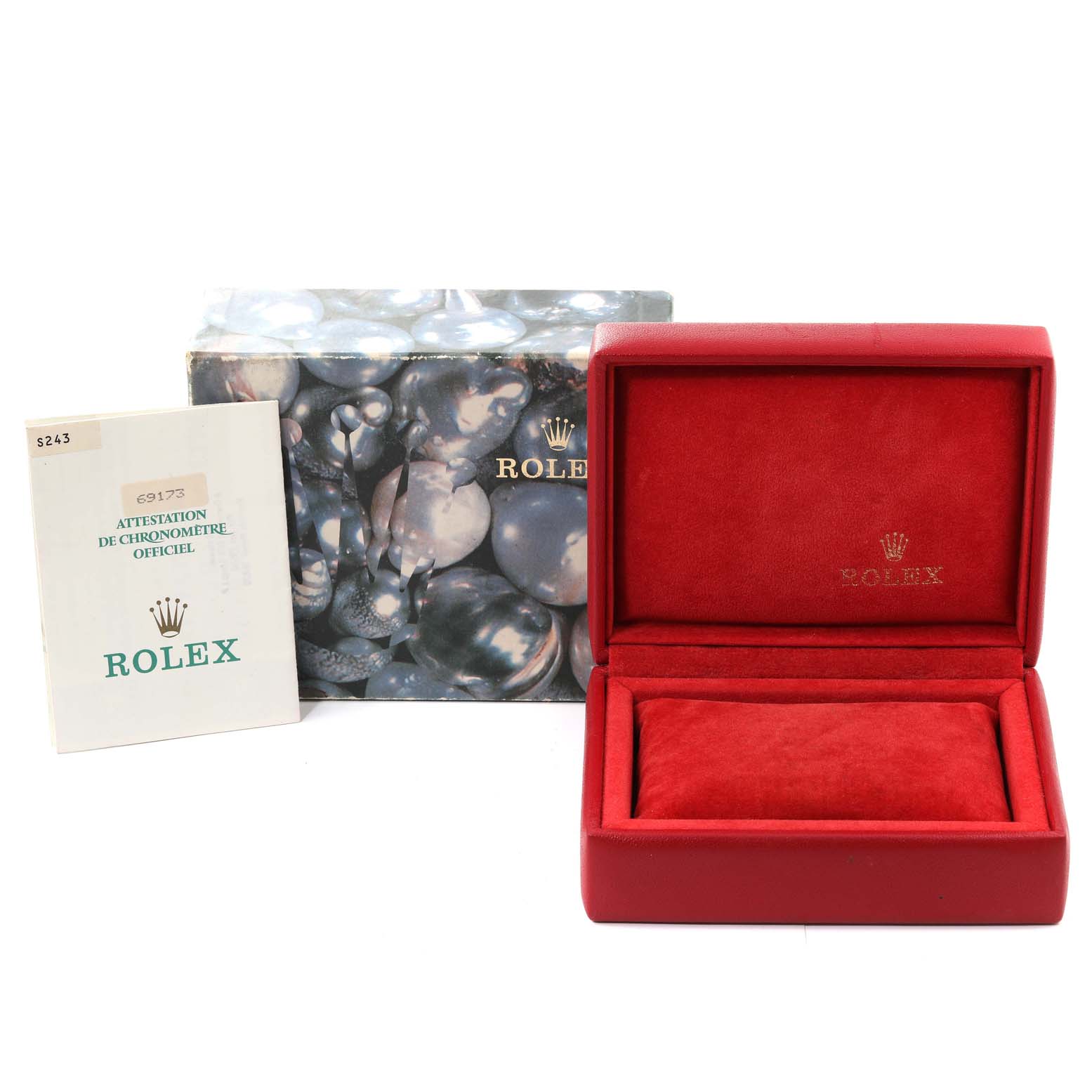 The image shows a Rolex Datejust 69173 Women's Steel and Gold (two tone) White Dial 69173 Women's Steel and Gold (two tone) White Dial watch box, an outer box, and documentation from a frontal angle.