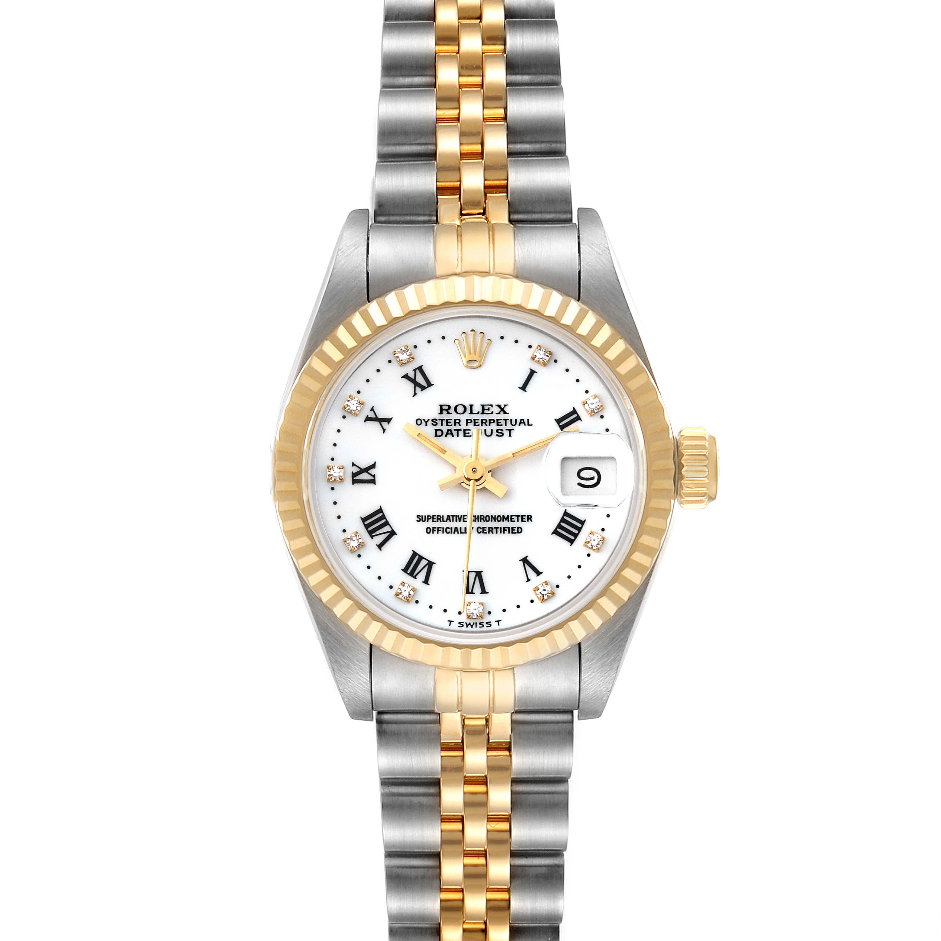 This image shows a front view of a Rolex Datejust 69173 Women's Steel and Gold (two tone) White Dial 69173 Women's Steel and Gold (two tone) White Dial watch, highlighting the dial, bezel, bracelet, and date window.
