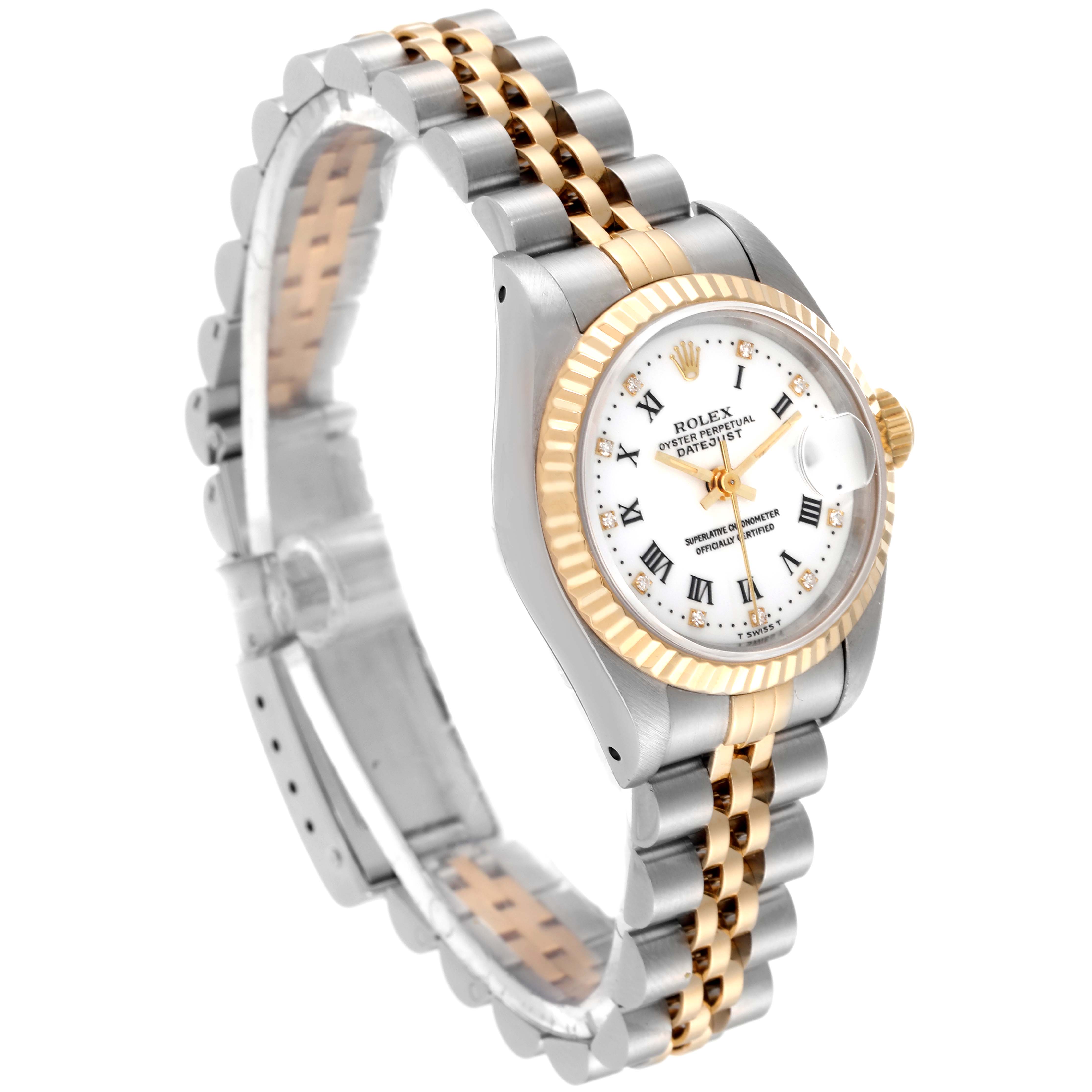 The image shows a Rolex Datejust 69173 Women's Steel and Gold (two tone) White Dial 69173 Women's Steel and Gold (two tone) White Dial watch from an oblique angle, highlighting the dial, bezel, and two-tone bracelet.