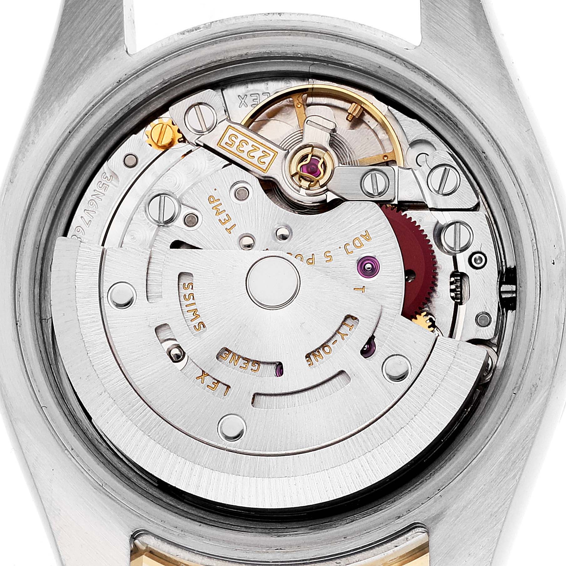 This image shows the internal movement of a Rolex Datejust 179383 Women's Steel and Gold (two tone) Mother of Pearl Dial 179383 Women's Steel and Gold (two tone) Mother of Pearl Dial watch, highlighting the intricate components and mechanisms.