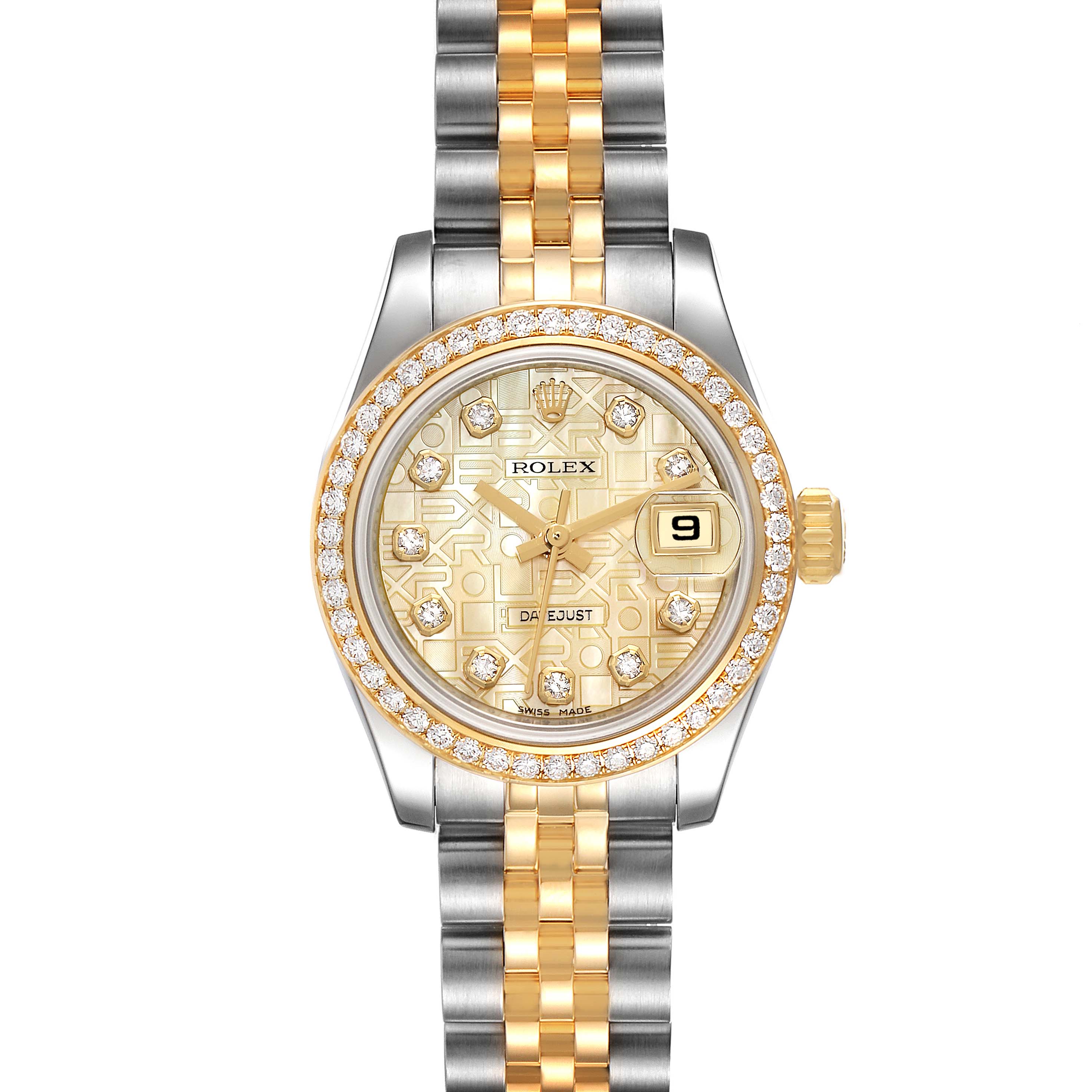 This is a front view of a Rolex Datejust 179383 Women's Steel and Gold (two tone) Mother of Pearl Dial 179383 Women's Steel and Gold (two tone) Mother of Pearl Dial watch, showing the face, bezel, dial, and two-tone bracelet.