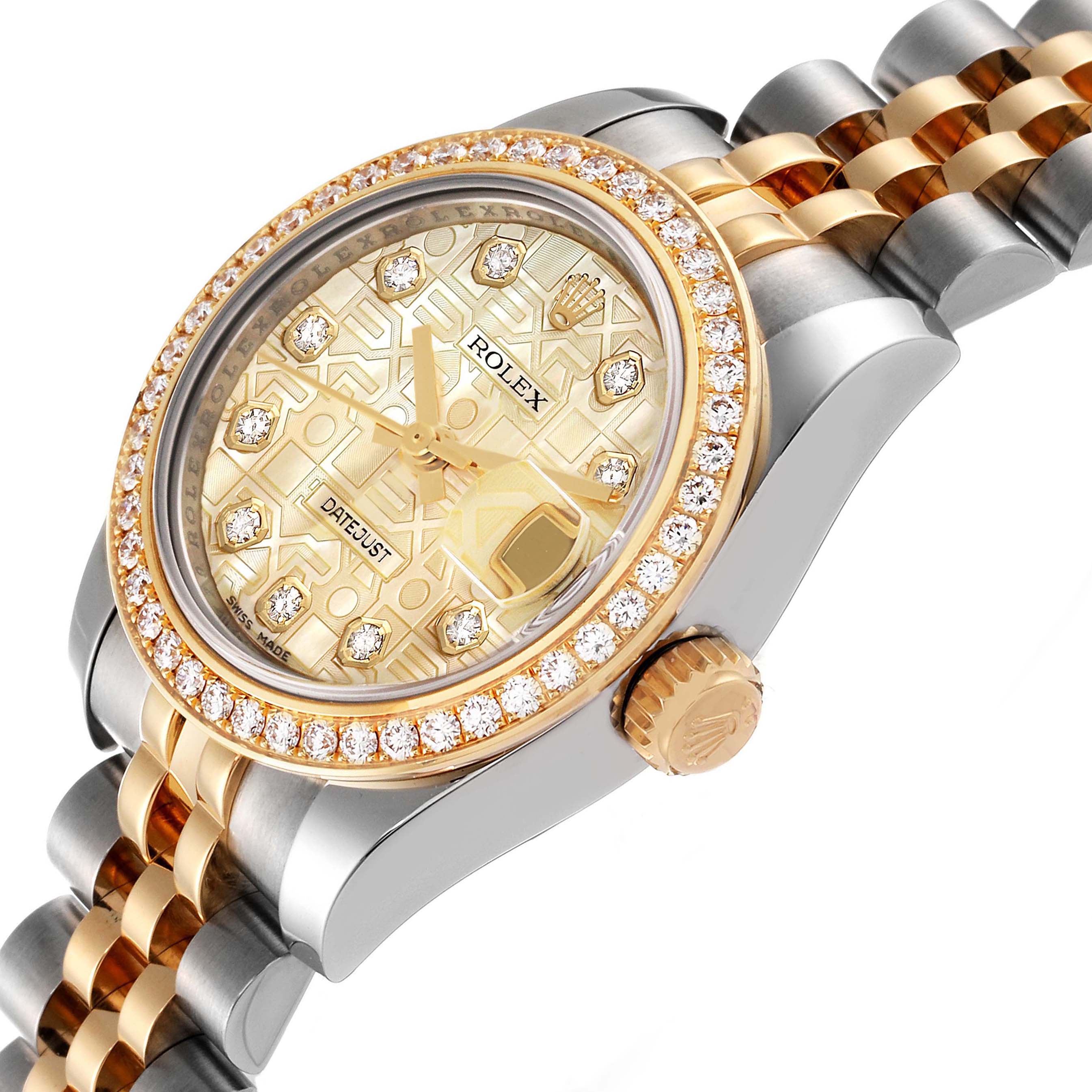 The image shows a Rolex Datejust 179383 Women's Steel and Gold (two tone) Mother of Pearl Dial 179383 Women's Steel and Gold (two tone) Mother of Pearl Dial watch at an angle, highlighting its diamond-studded bezel, crown, and two-tone bracelet.