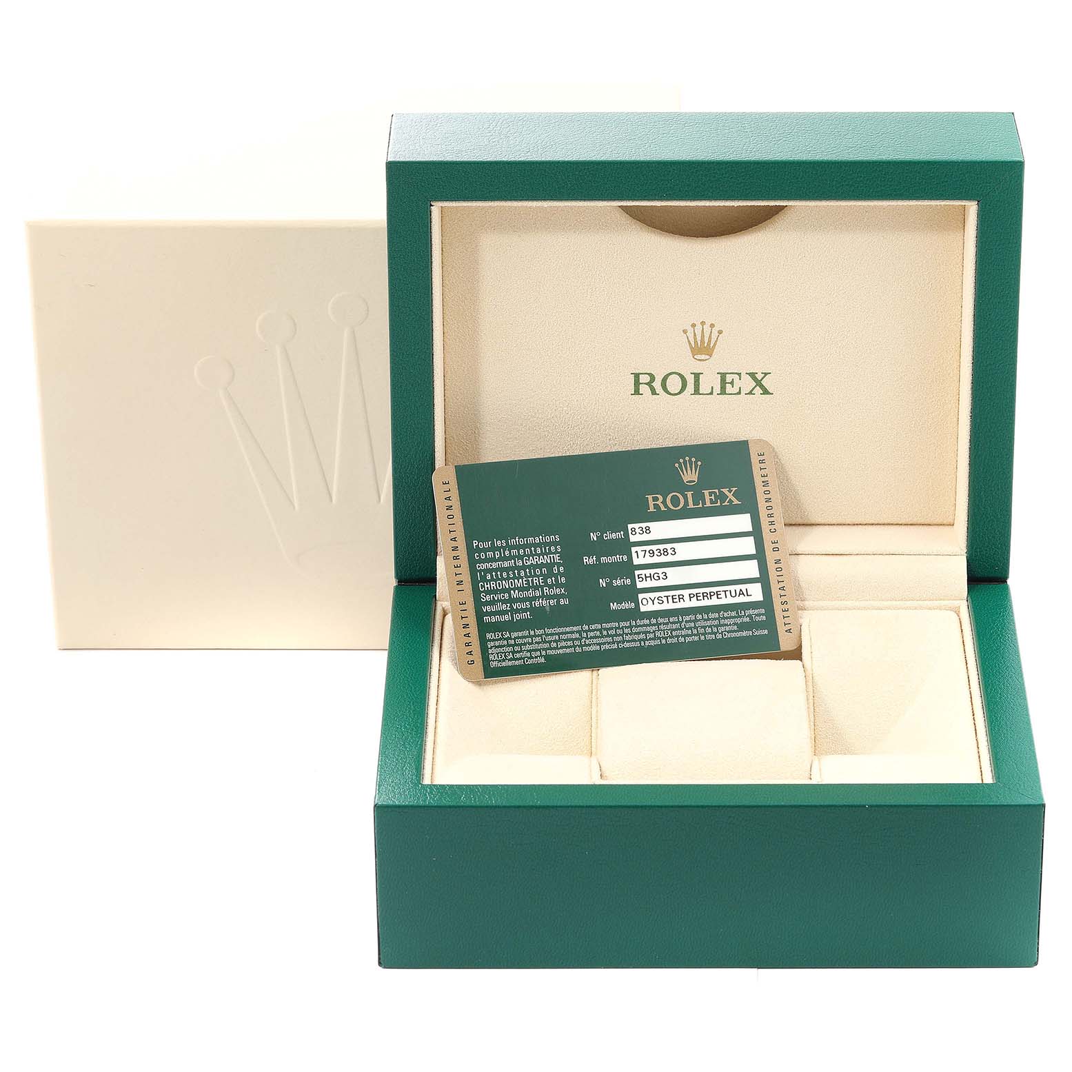 The image shows a Rolex Datejust 179383 Women's Steel and Gold (two tone) Mother of Pearl Dial 179383 Women's Steel and Gold (two tone) Mother of Pearl Dial watch box and authenticity card, angled from the front.