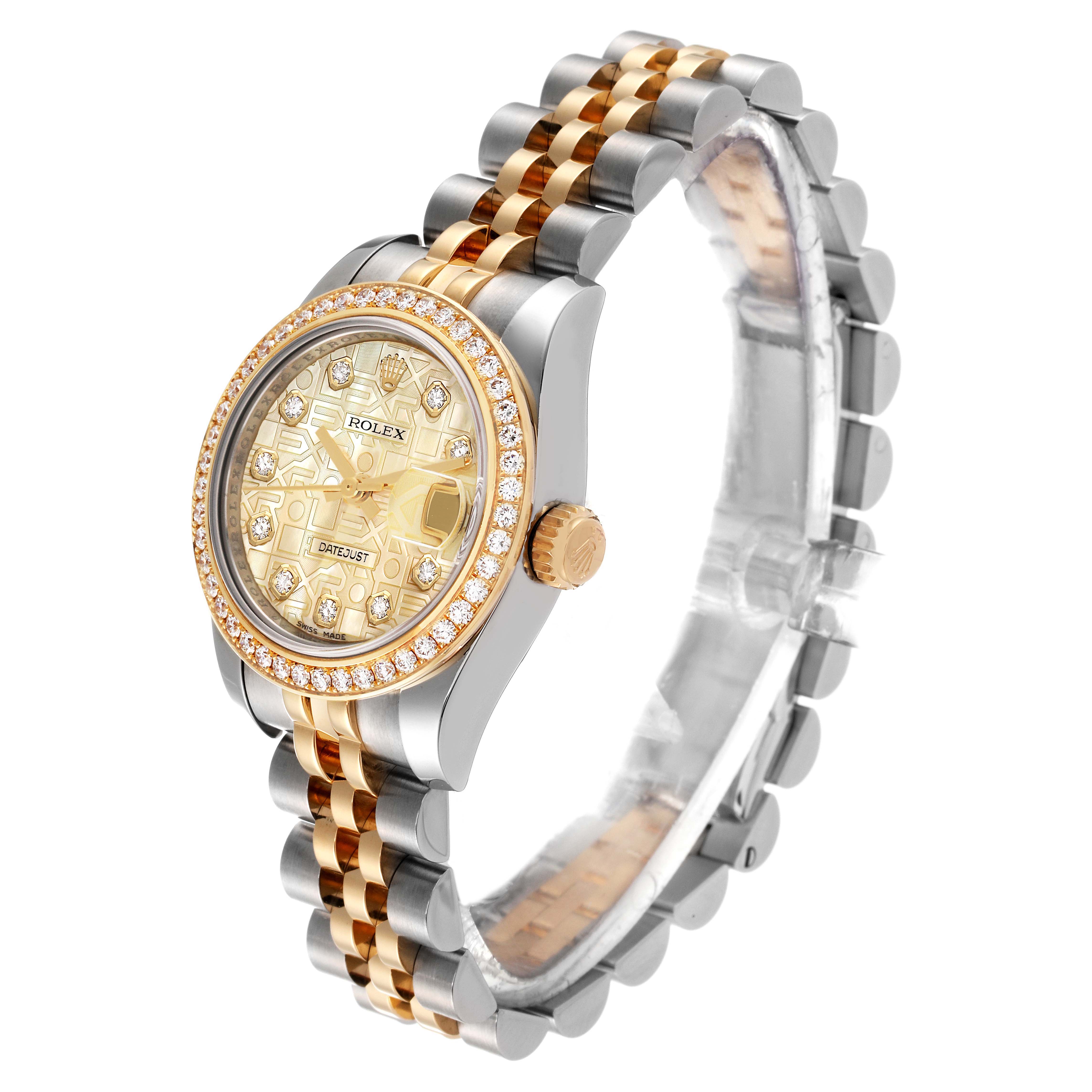 The image shows a Rolex Datejust 179383 Women's Steel and Gold (two tone) Mother of Pearl Dial 179383 Women's Steel and Gold (two tone) Mother of Pearl Dial watch at a three-quarter angle, highlighting its bezel, dial, crown, and jubilee bracelet.