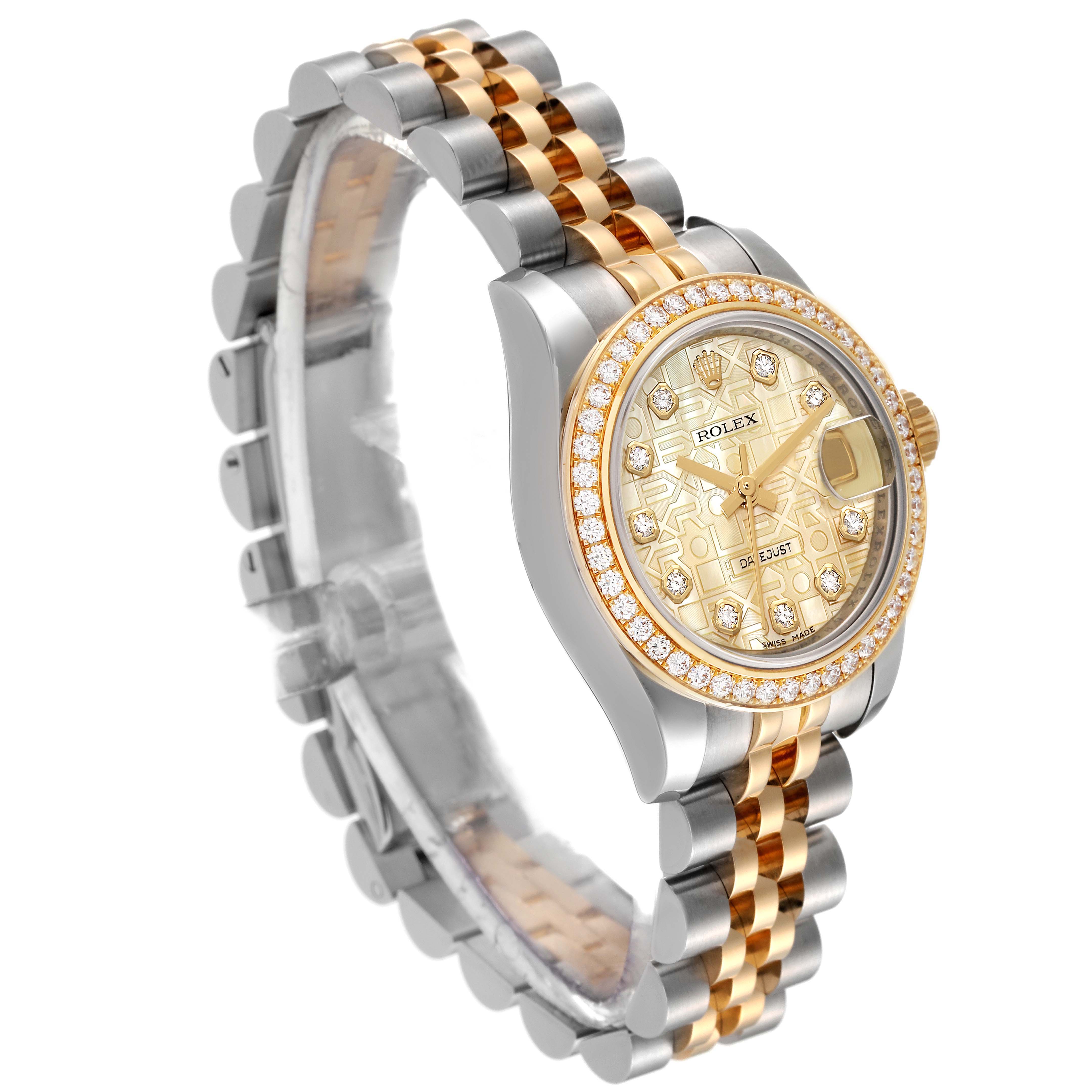 The Rolex Datejust 179383 Women's Steel and Gold (two tone) Mother of Pearl Dial 179383 Women's Steel and Gold (two tone) Mother of Pearl Dial watch is shown from an oblique angle, highlighting its face, bezel, and two-tone bracelet.
