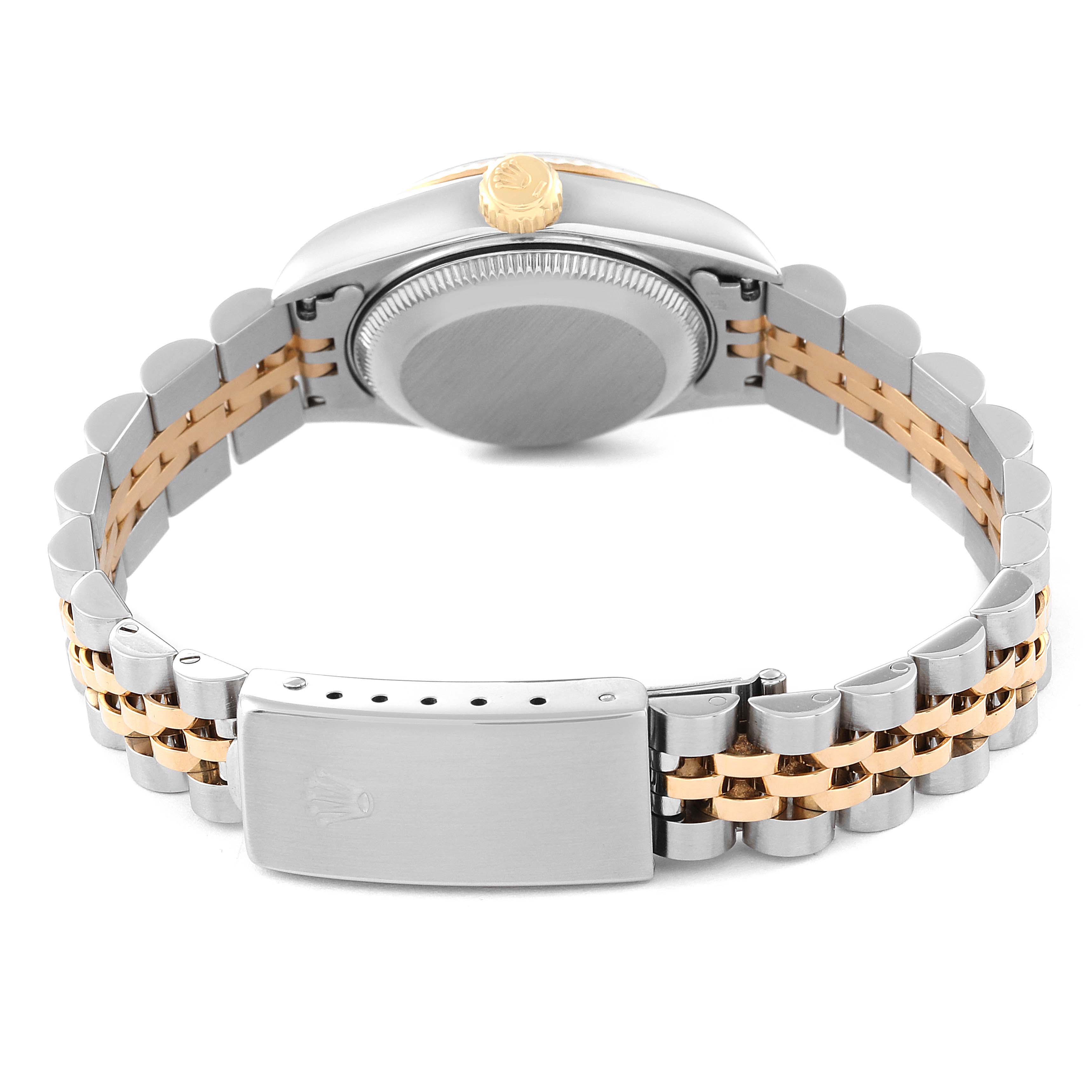 This image shows the backside and clasp of a Rolex Datejust 69173 Women's Steel and Gold (two tone) Grey Dial 69173 Women's Steel and Gold (two tone) Grey Dial watch, highlighting its two-tone metal bracelet and case back.