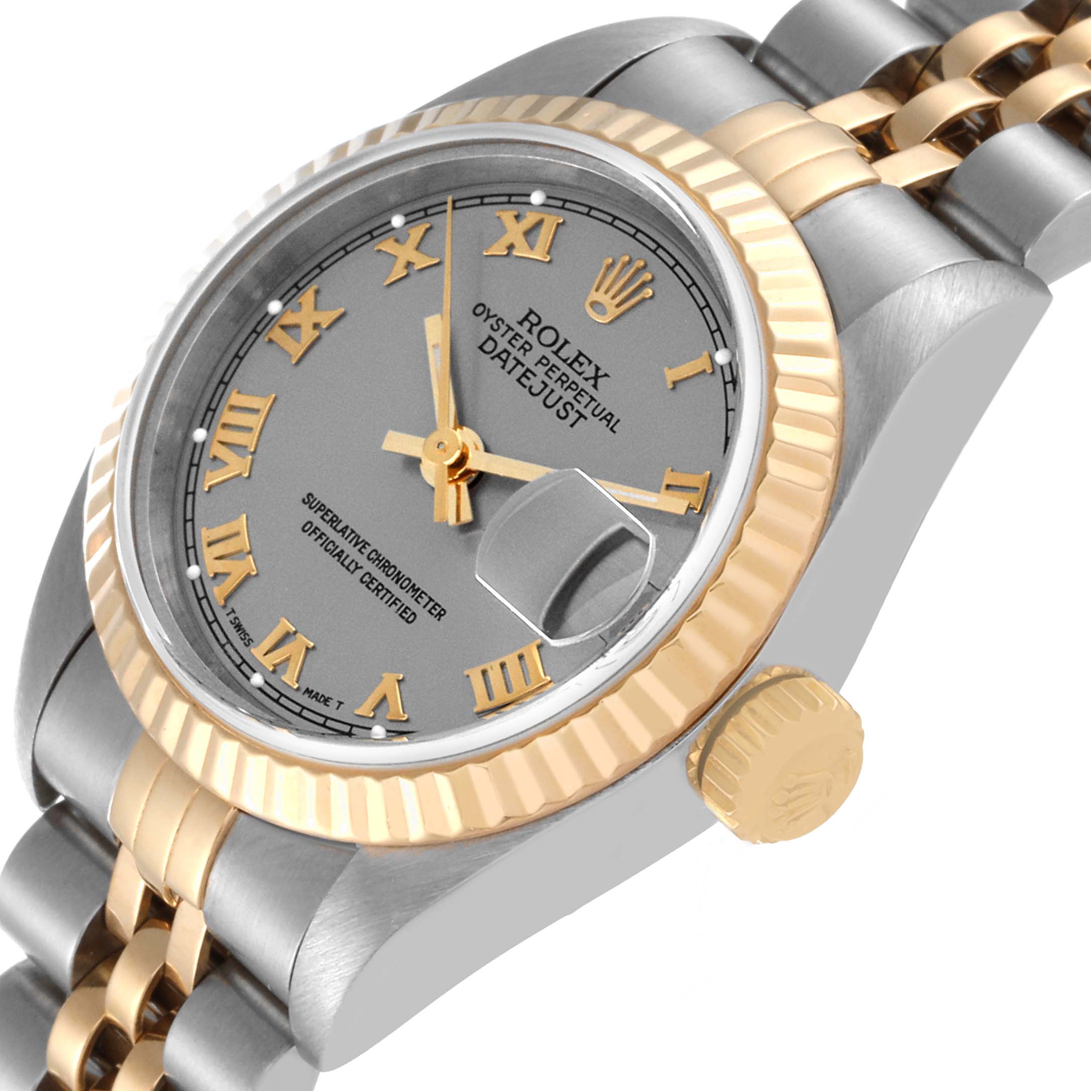 The image shows a close-up angle of a Rolex Datejust 69173 Women's Steel and Gold (two tone) Grey Dial 69173 Women's Steel and Gold (two tone) Grey Dial watch, highlighting its bezel, crown, dial, and part of the bracelet.
