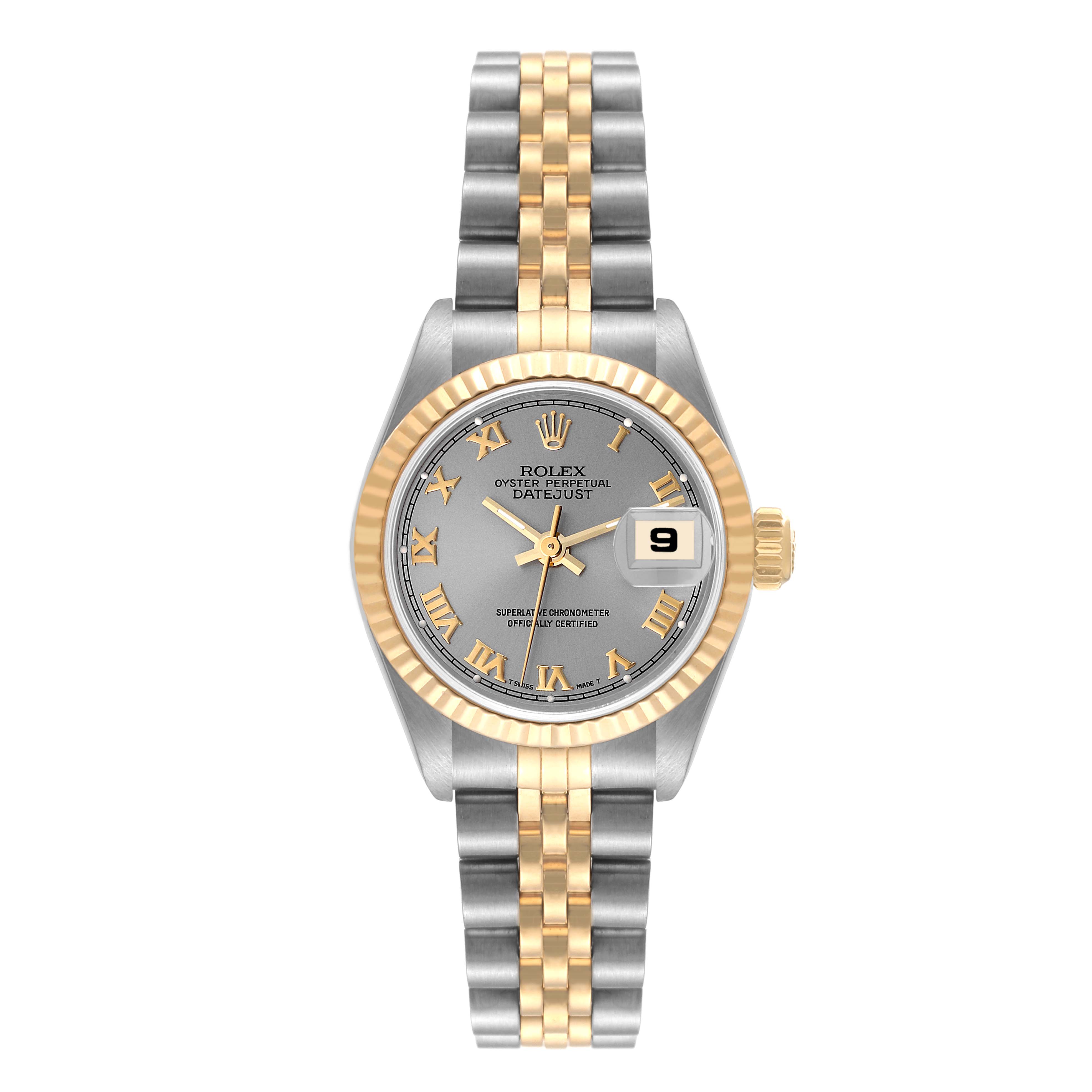 The image shows a Rolex Datejust 69173 Women's Steel and Gold (two tone) Grey Dial 69173 Women's Steel and Gold (two tone) Grey Dial watch from a front angle, displaying the dial, bezel, and bracelet.