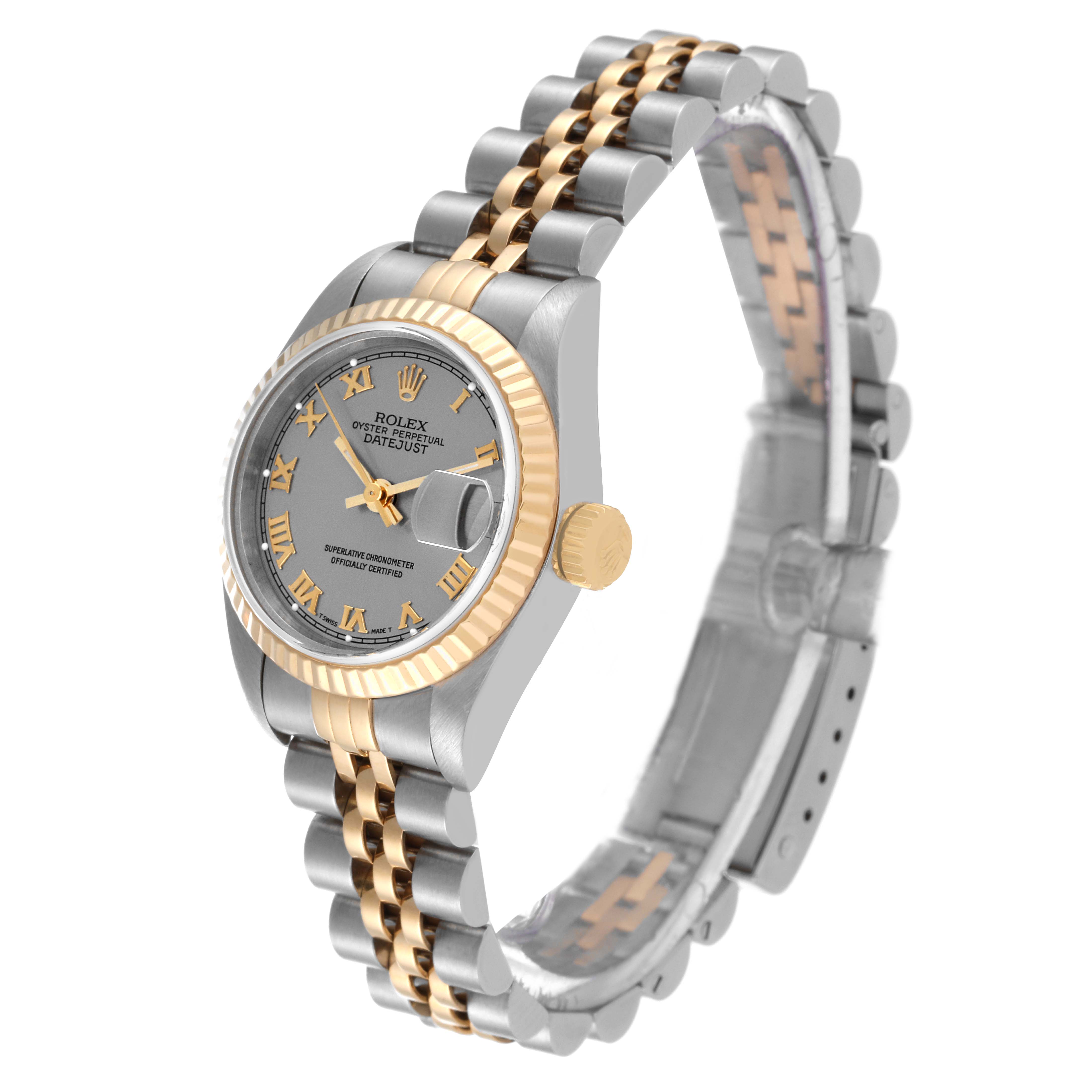The Rolex Datejust 69173 Women's Steel and Gold (two tone) Grey Dial 69173 Women's Steel and Gold (two tone) Grey Dial watch is shown at a three-quarter angle displaying the dial, bezel, crown, and two-tone bracelet.