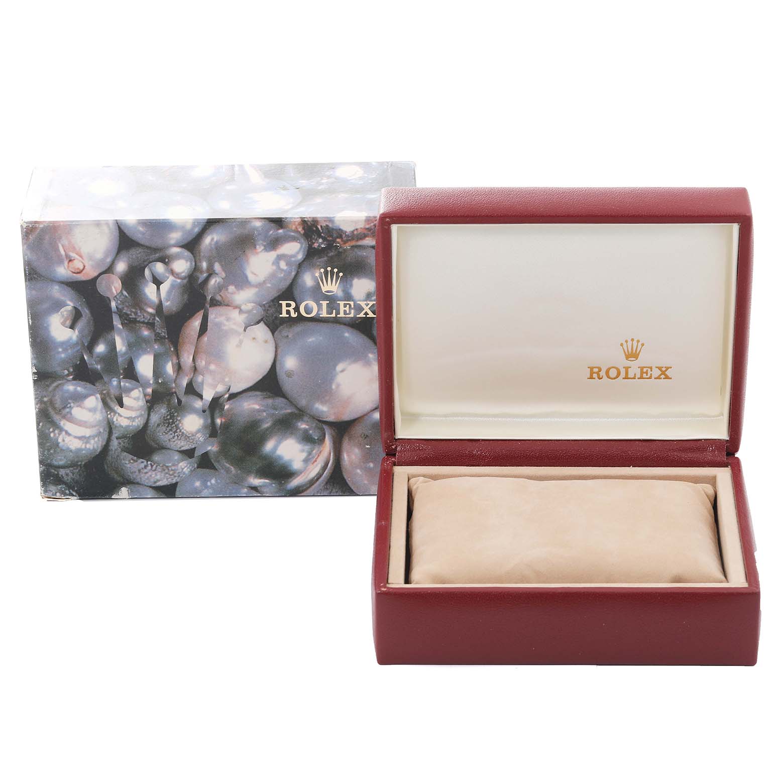 The image shows the packaging, including the box and cushion, for a Rolex Datejust 69173 Women's Steel and Gold (two tone) Grey Dial 69173 Women's Steel and Gold (two tone) Grey Dial model watch.