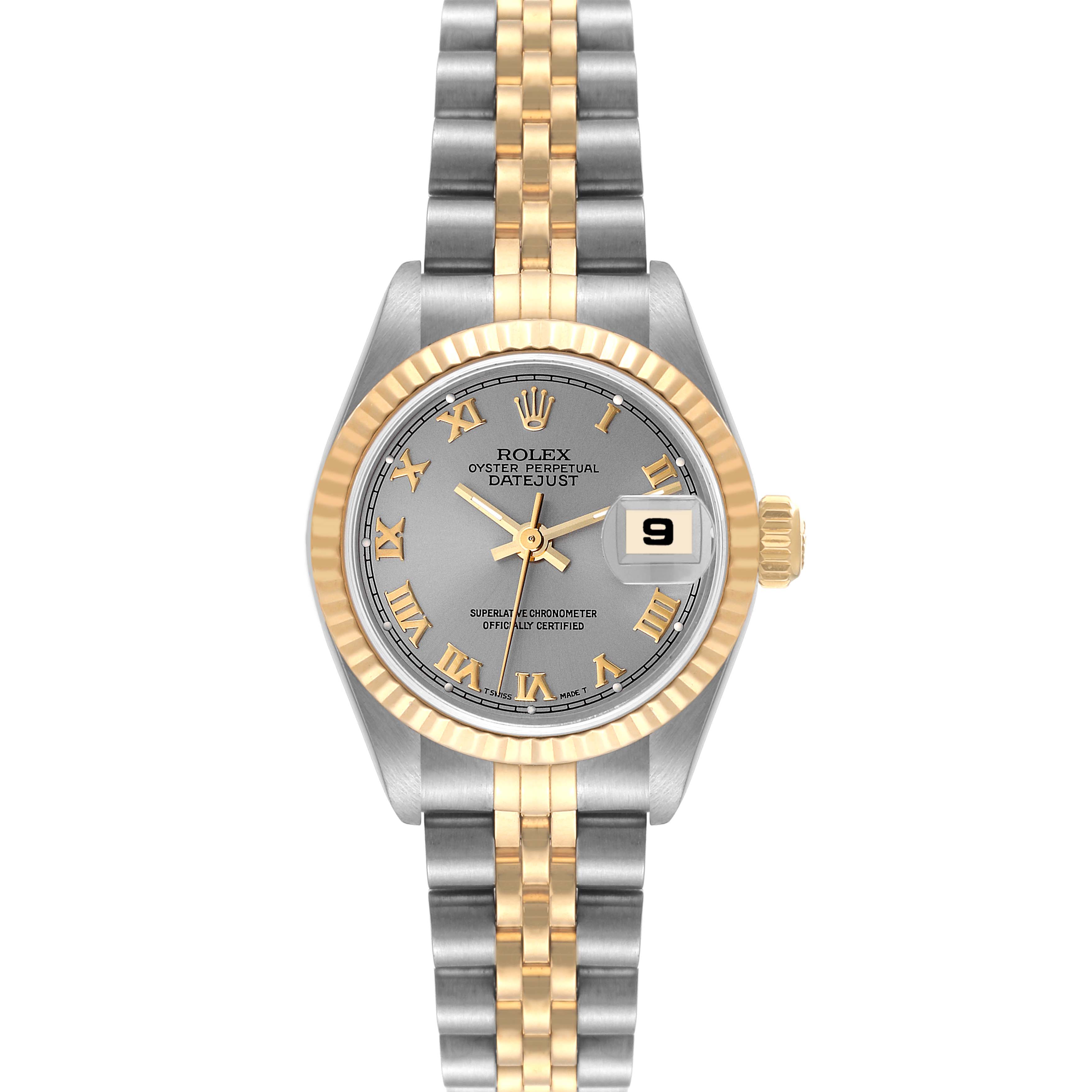 This image shows a frontal view of the Rolex Datejust 69173 Women's Steel and Gold (two tone) Grey Dial 69173 Women's Steel and Gold (two tone) Grey Dial watch, highlighting its two-tone band, gray dial, and date window.
