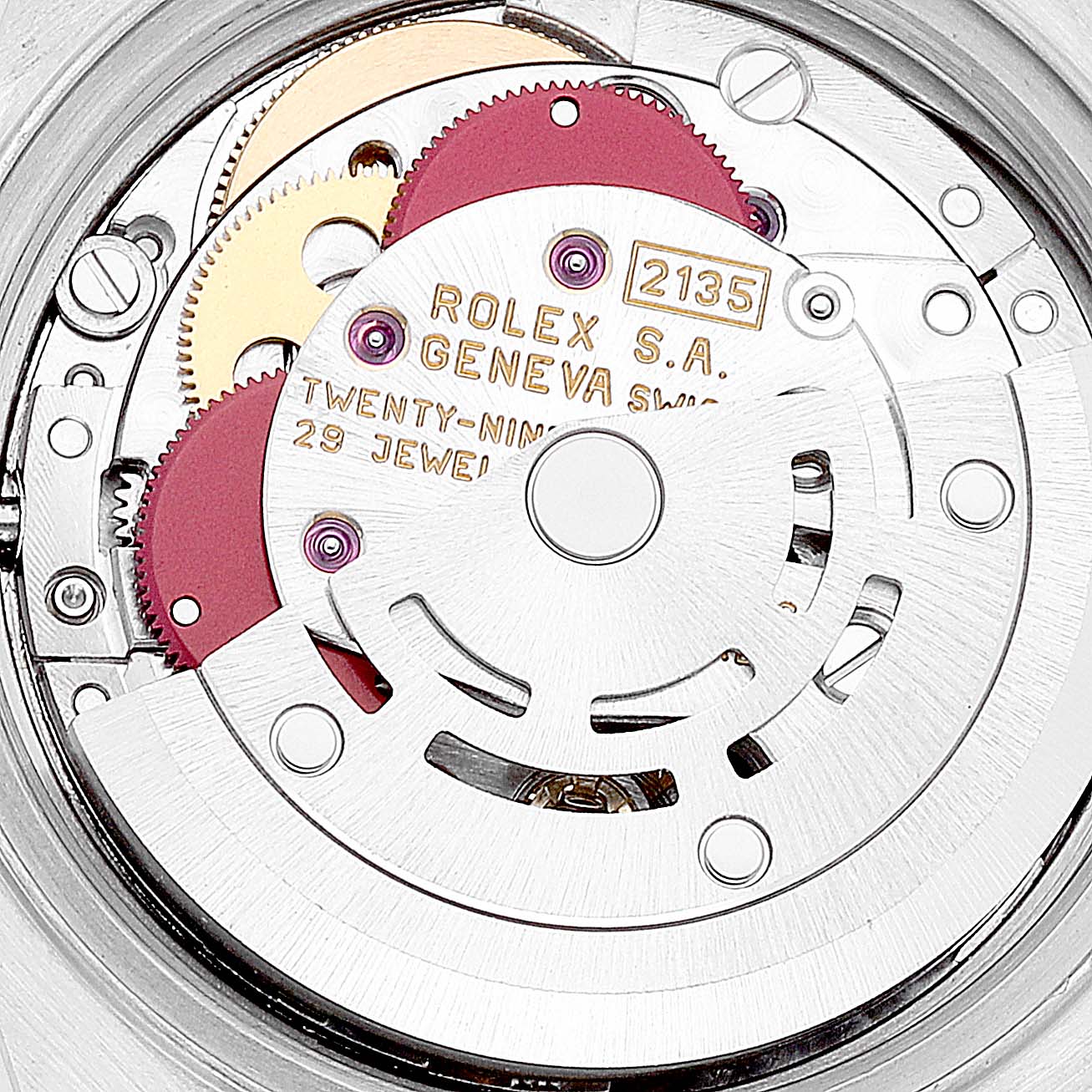 The image shows the internal mechanism and movement of a Rolex Datejust 69173 Women's Steel and Gold (two tone) Grey Dial 69173 Women's Steel and Gold (two tone) Grey Dial watch, model 2135.