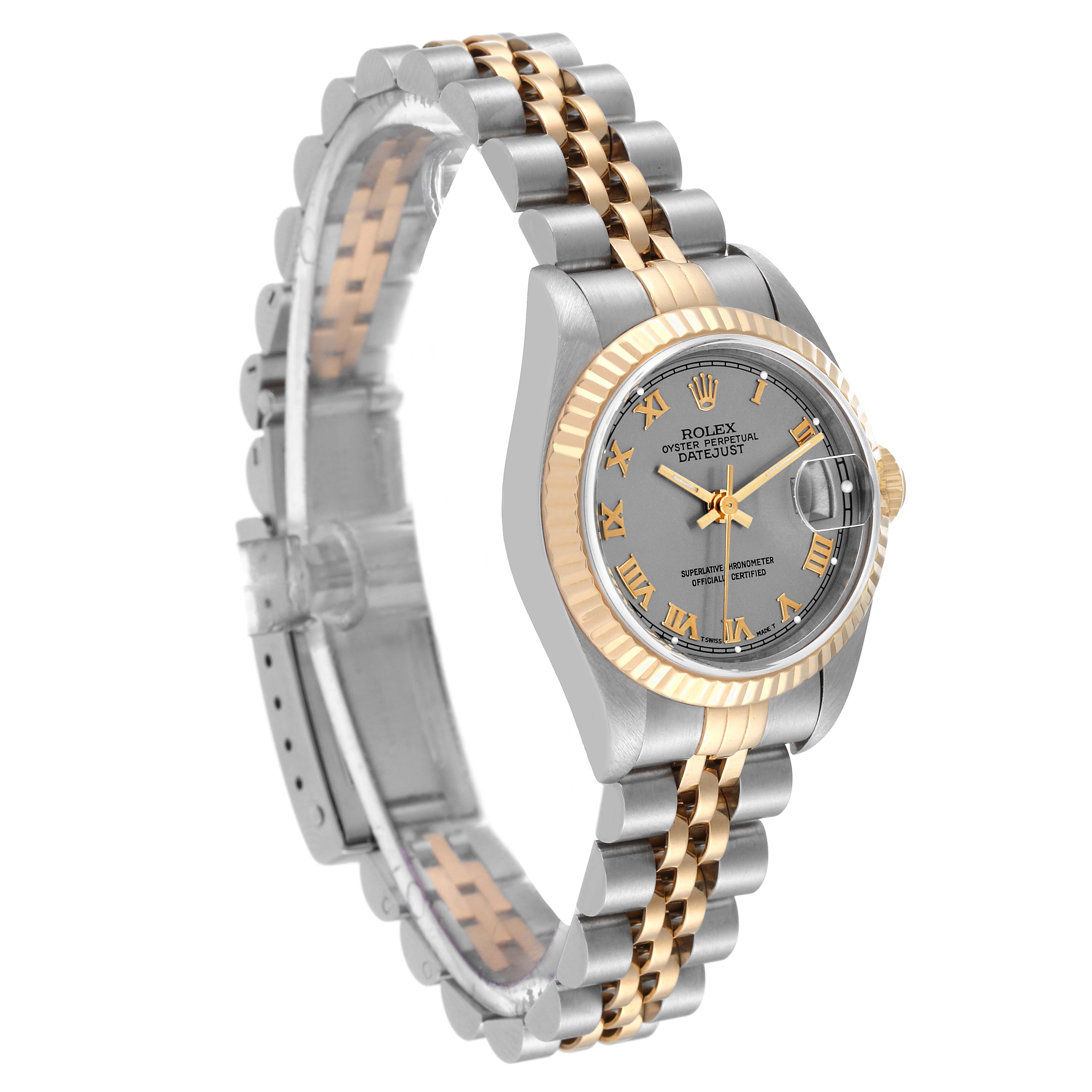 The image shows a Rolex Datejust 69173 Women's Steel and Gold (two tone) Grey Dial 69173 Women's Steel and Gold (two tone) Grey Dial watch at an angled side view, highlighting its face, bezel, and two-tone bracelet.