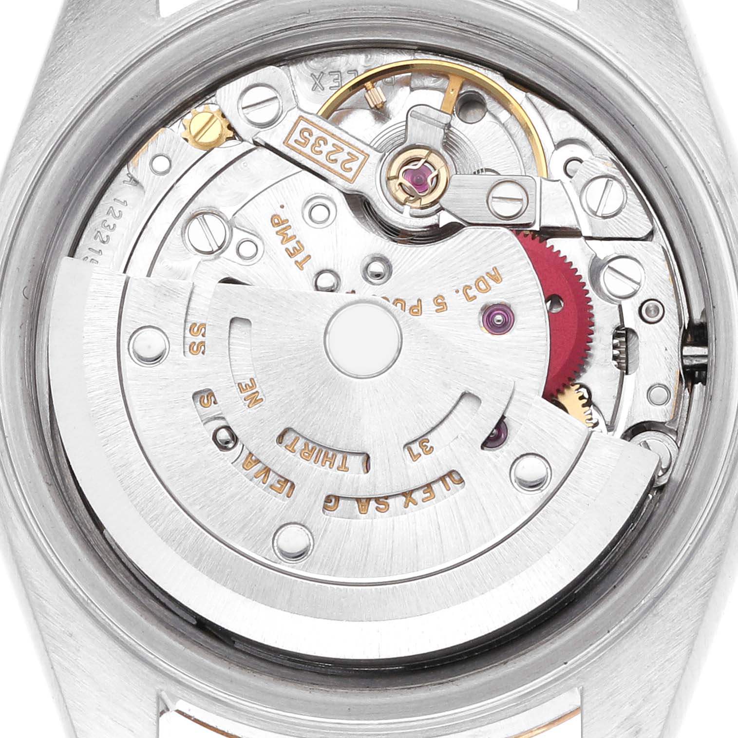 The image shows the back view of a Rolex Datejust 79173 Women's Steel and Gold (two tone) White Dial 79173 Women's Steel and Gold (two tone) White Dial, highlighting its intricate movement components.