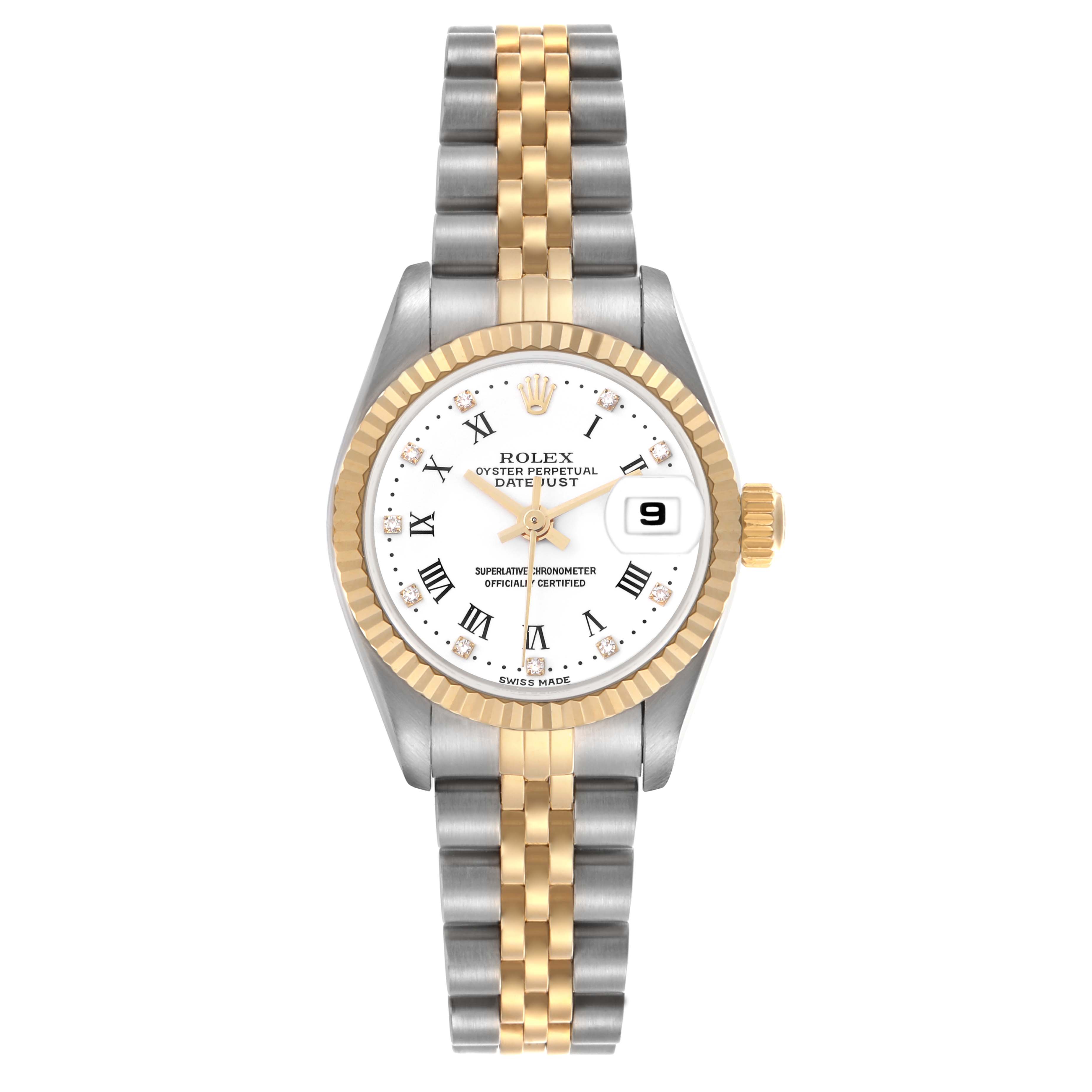 The Rolex Datejust 79173 Women's Steel and Gold (two tone) White Dial 79173 Women's Steel and Gold (two tone) White Dial watch is shown from a top view, featuring its dial, bezel, bracelet, and date display.