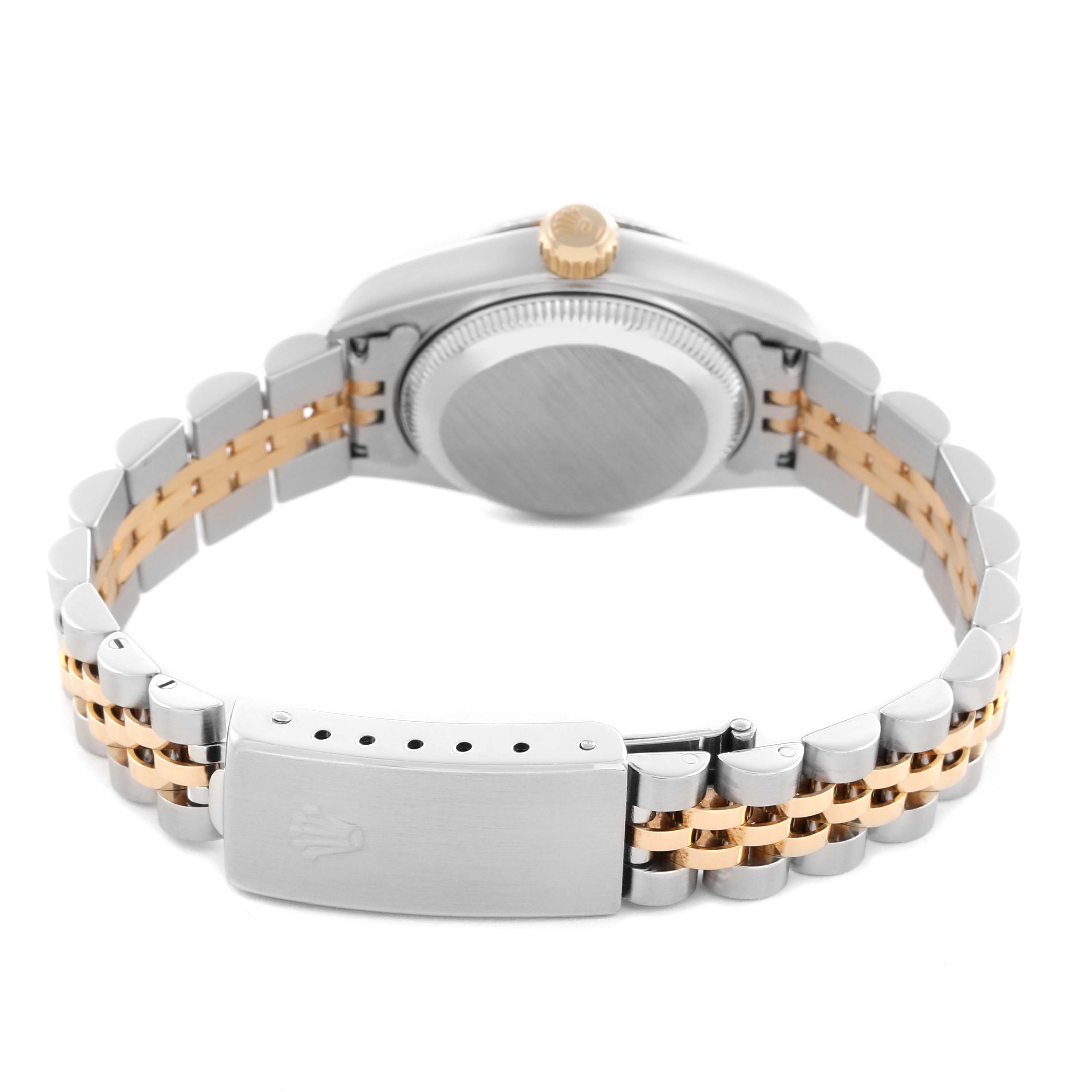 The image shows the back view of a Rolex Datejust 79173 Women's Steel and Gold (two tone) White Dial 79173 Women's Steel and Gold (two tone) White Dial, highlighting the case back, crown, and two-tone bracelet with clasp.