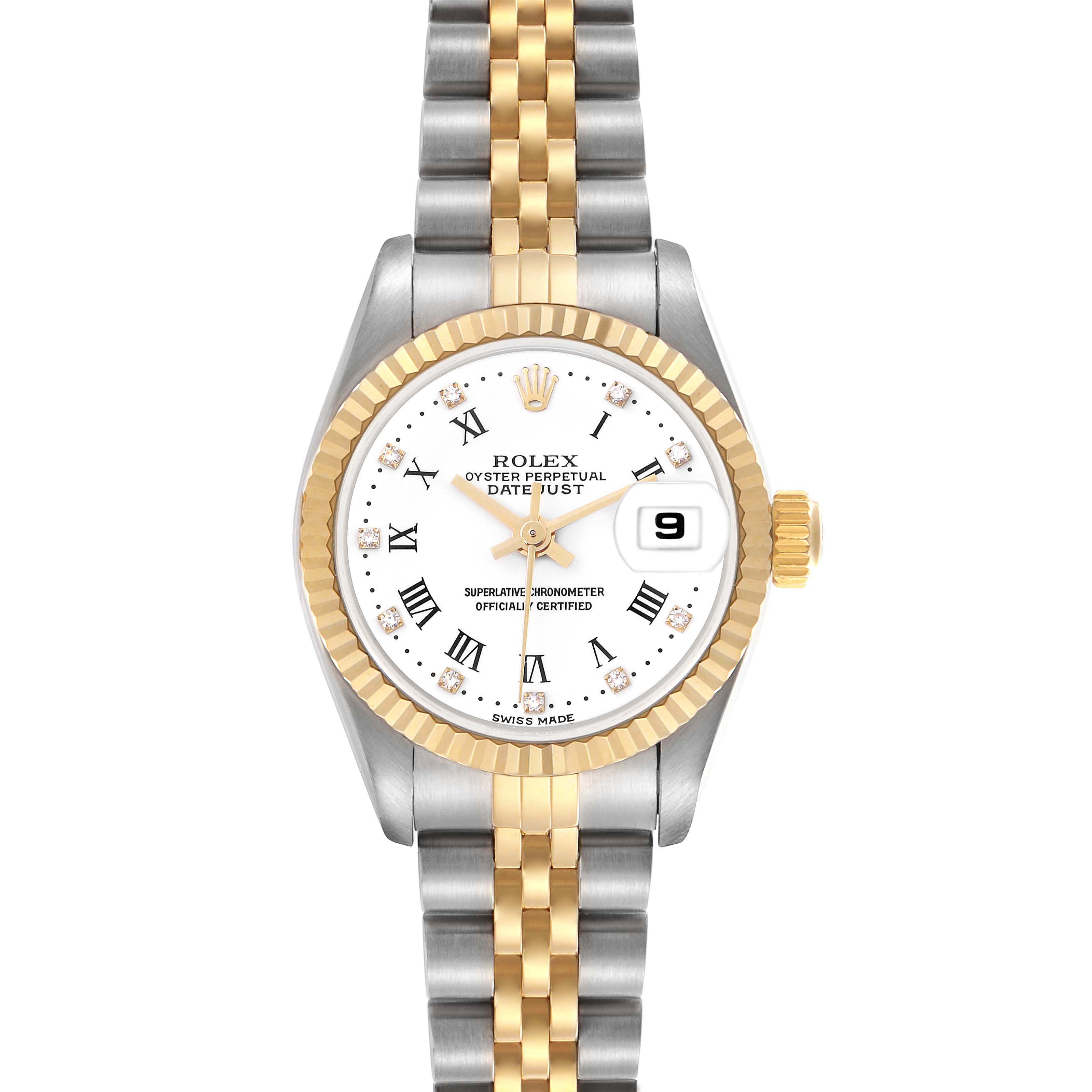 The Rolex Datejust 79173 Women's Steel and Gold (two tone) White Dial 79173 Women's Steel and Gold (two tone) White Dial watch is shown from a top-down angle, highlighting its two-tone bracelet, fluted bezel, and date feature.