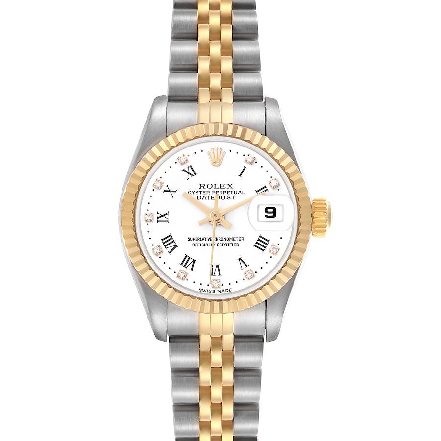 The Rolex Datejust watch is shown from a top-down angle, highlighting its two-tone bracelet, fluted bezel, and date feature.