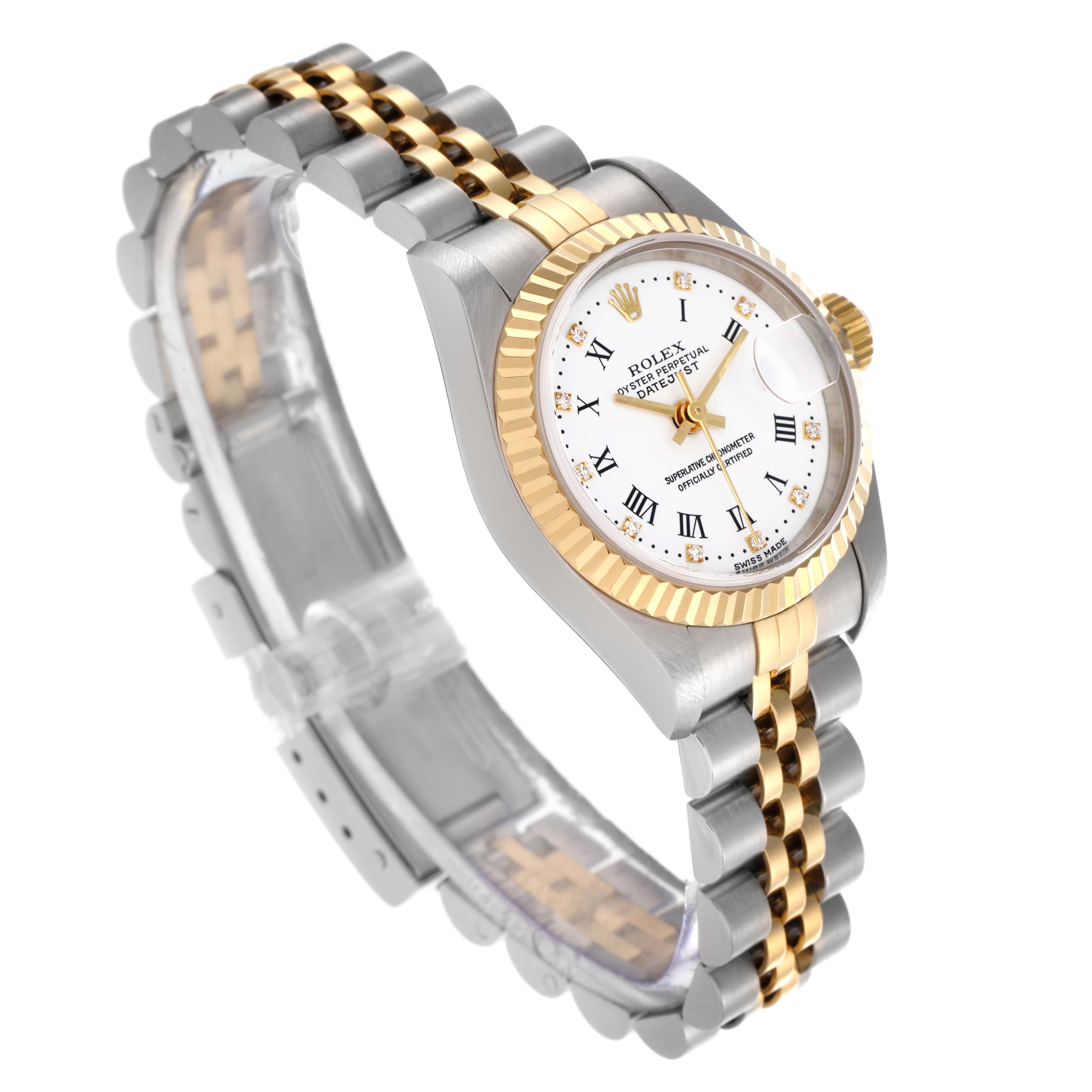 The Rolex Datejust 79173 Women's Steel and Gold (two tone) White Dial 79173 Women's Steel and Gold (two tone) White Dial watch is shown at a three-quarter angle, highlighting the face, bezel, and bracelet.
