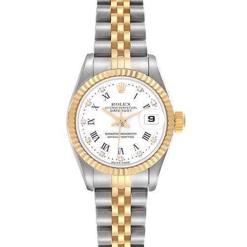 The Rolex Datejust watch is shown from a front angle, displaying the dial, bezel, and two-tone bracelet.