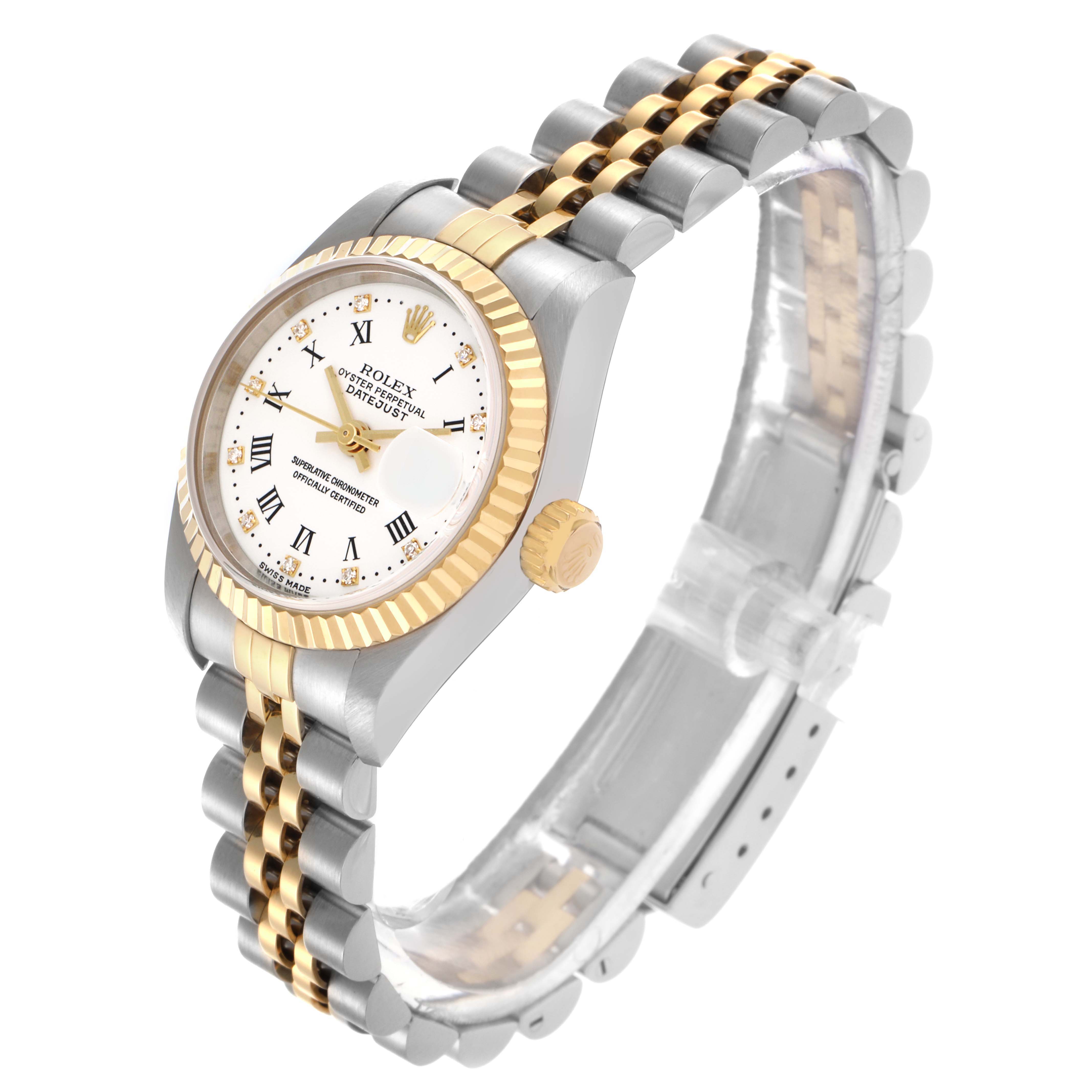 The Rolex Datejust 79173 Women's Steel and Gold (two tone) White Dial 79173 Women's Steel and Gold (two tone) White Dial watch is shown at a slight angle, displaying the face, bezel, crown, and part of the jubilee bracelet.