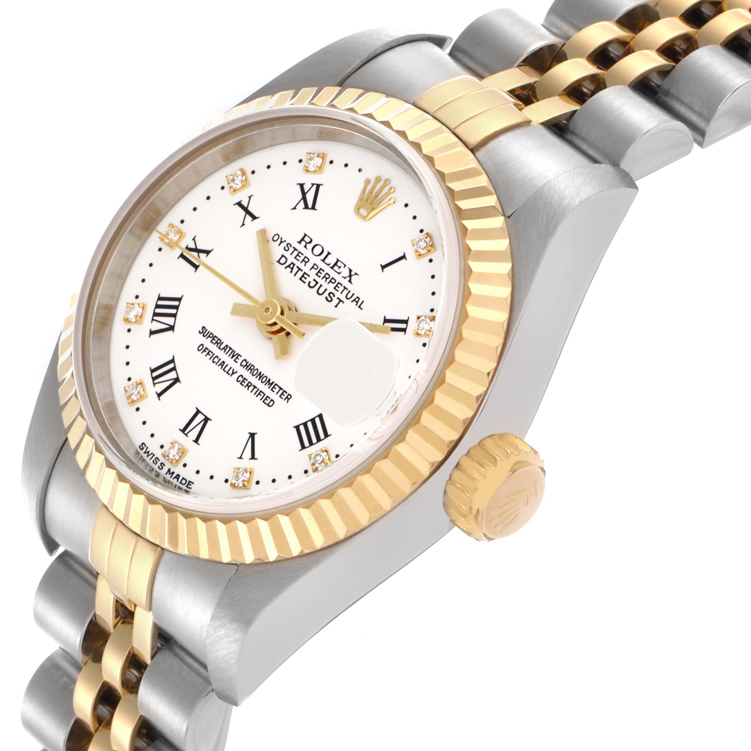 The Rolex Datejust 79173 Women's Steel and Gold (two tone) White Dial 79173 Women's Steel and Gold (two tone) White Dial watch is shown at an angled view, highlighting the bezel, dial, crown, and bracelet.