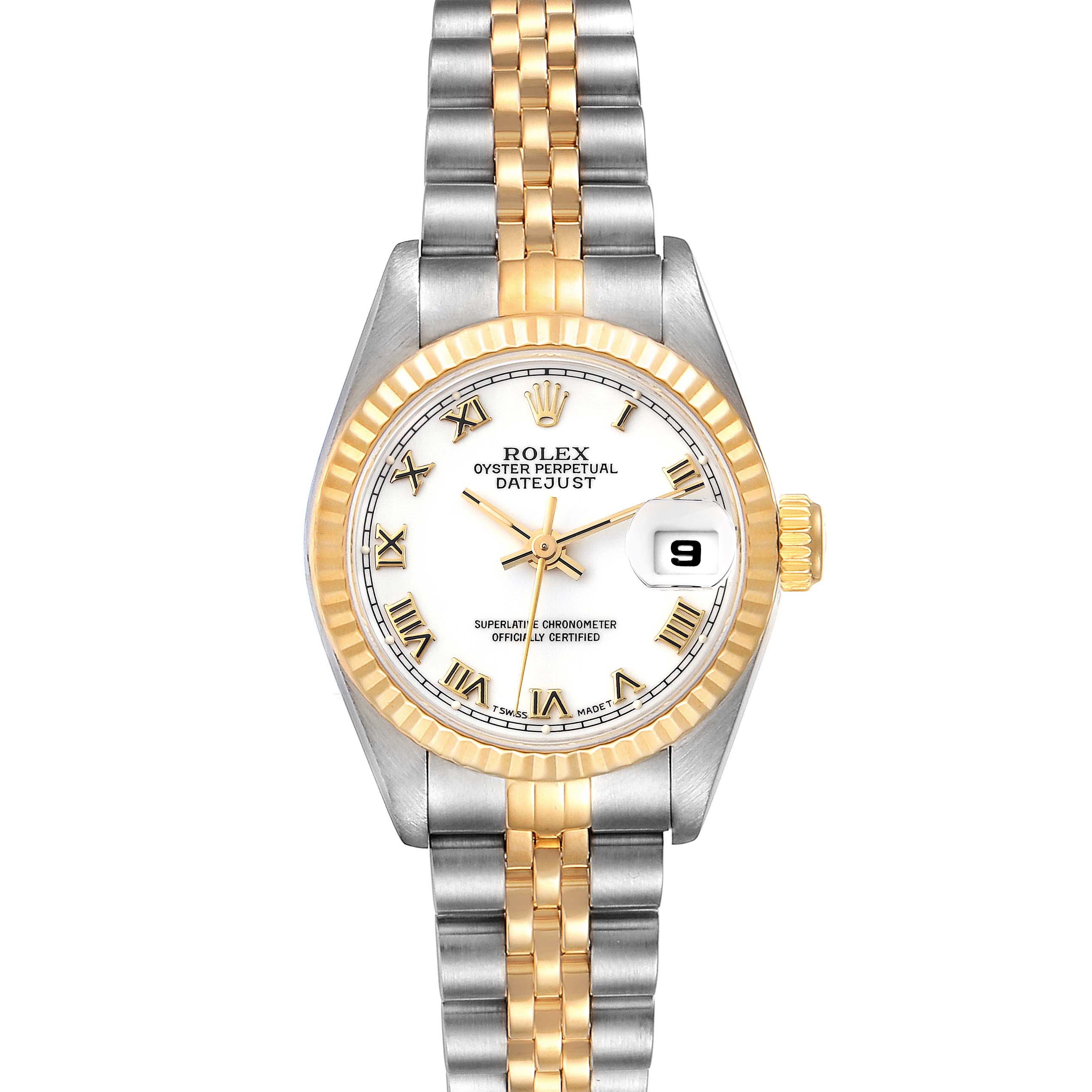 The image shows a front view of a Rolex Datejust 69173 Women's Steel and Gold (two tone) White Dial 69173 Women's Steel and Gold (two tone) White Dial watch featuring a fluted bezel, Roman numeral markers, and a two-tone Jubilee bracelet.