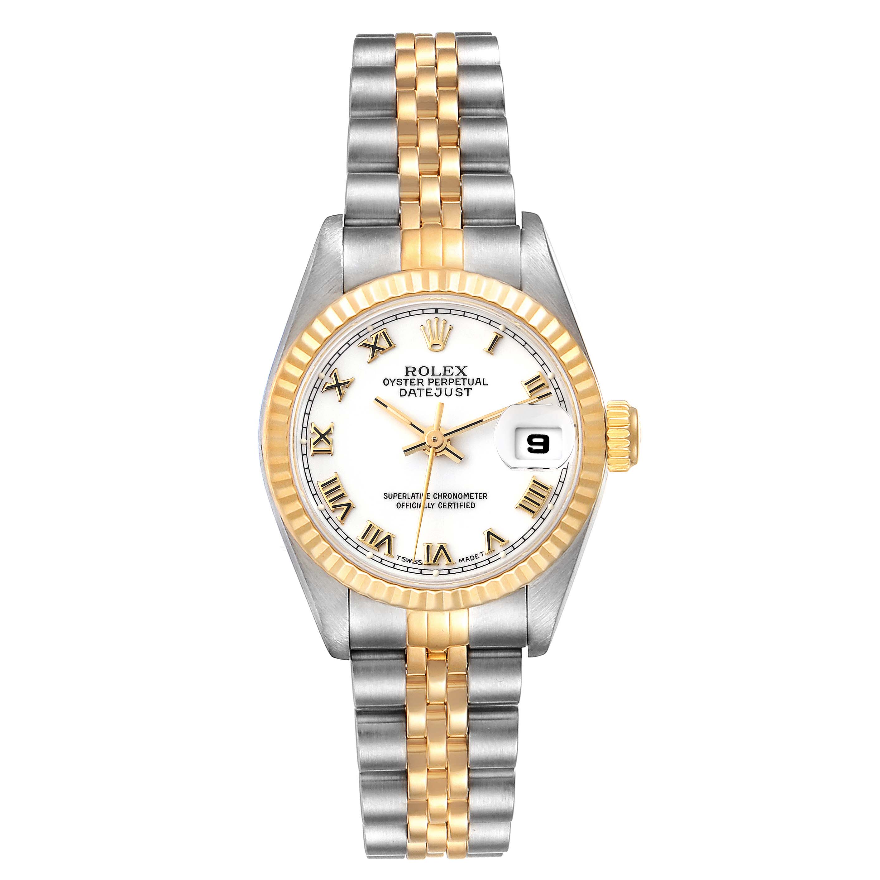 The image shows a Rolex Datejust 69173 Women's Steel and Gold (two tone) White Dial 69173 Women's Steel and Gold (two tone) White Dial watch from a front view, displaying the dial, bezel, and bracelet.