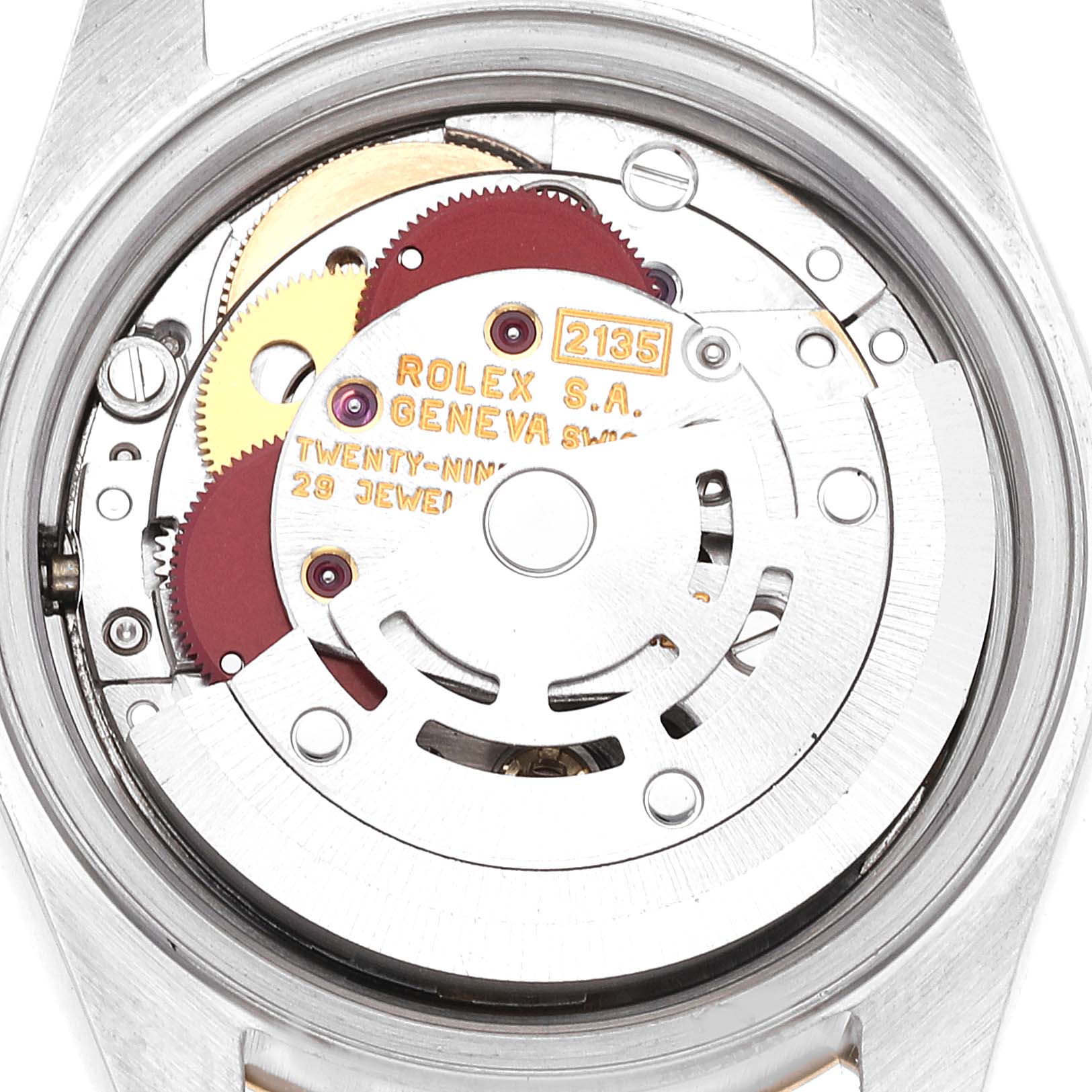 The image shows the internal mechanism of a Rolex Datejust 69173 Women's Steel and Gold (two tone) White Dial 69173 Women's Steel and Gold (two tone) White Dial, viewed from the back, highlighting the movement and gears.