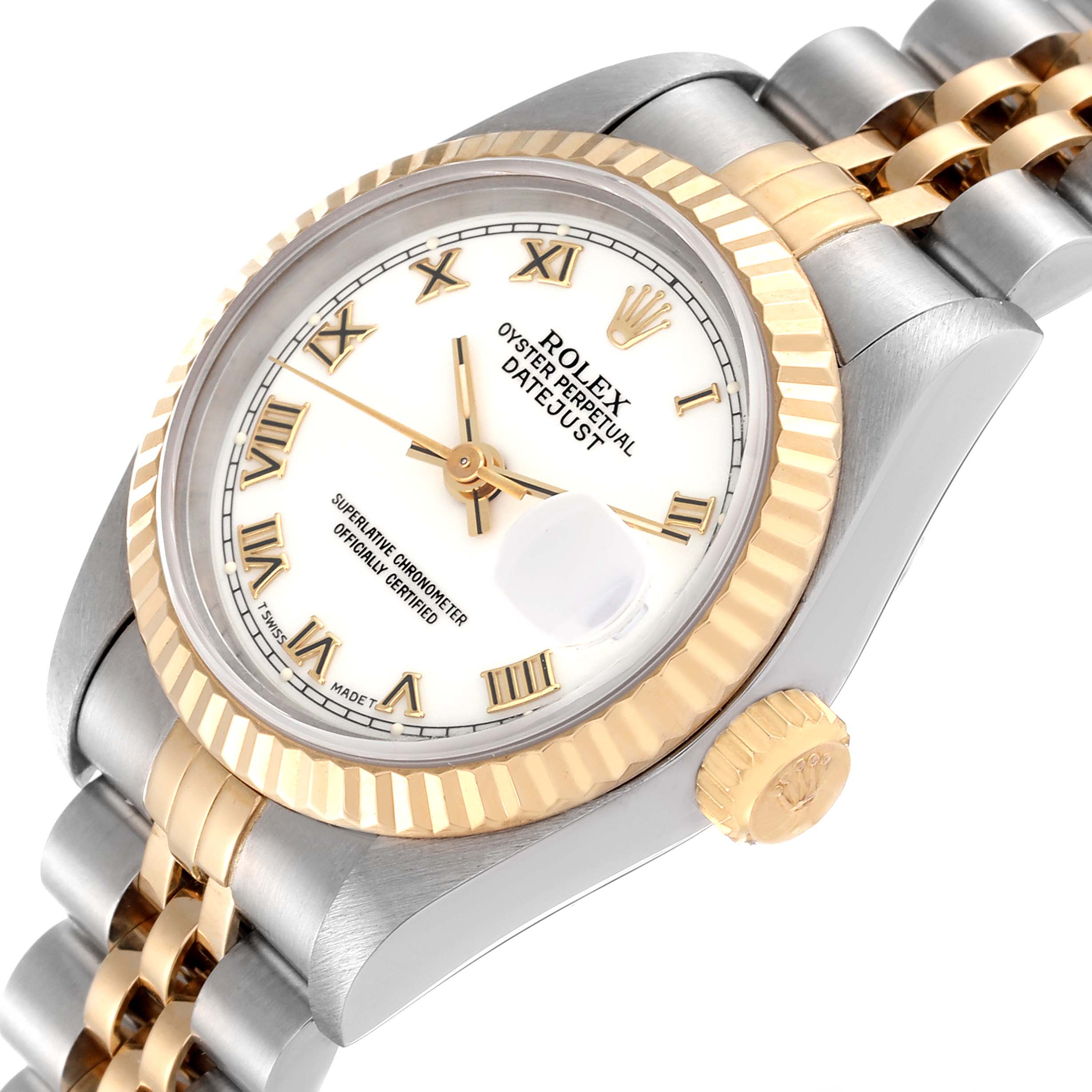 This image shows a close-up, angled view of a Rolex Datejust 69173 Women's Steel and Gold (two tone) White Dial 69173 Women's Steel and Gold (two tone) White Dial watch, highlighting the dial, bezel, and partially the wristband.