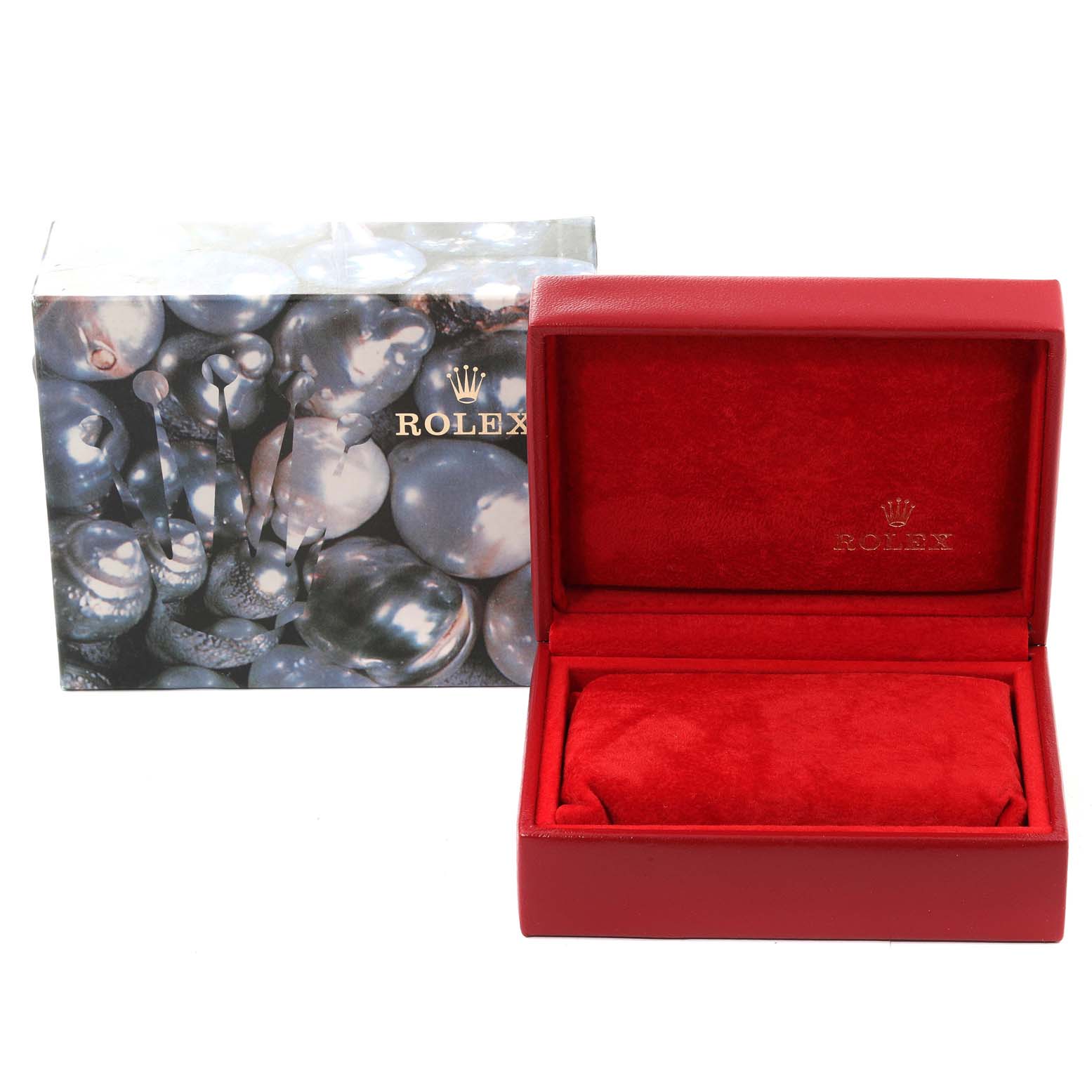 The image shows a Rolex Datejust 69173 Women's Steel and Gold (two tone) White Dial 69173 Women's Steel and Gold (two tone) White Dial watch box with a red interior and an outer decorative box.