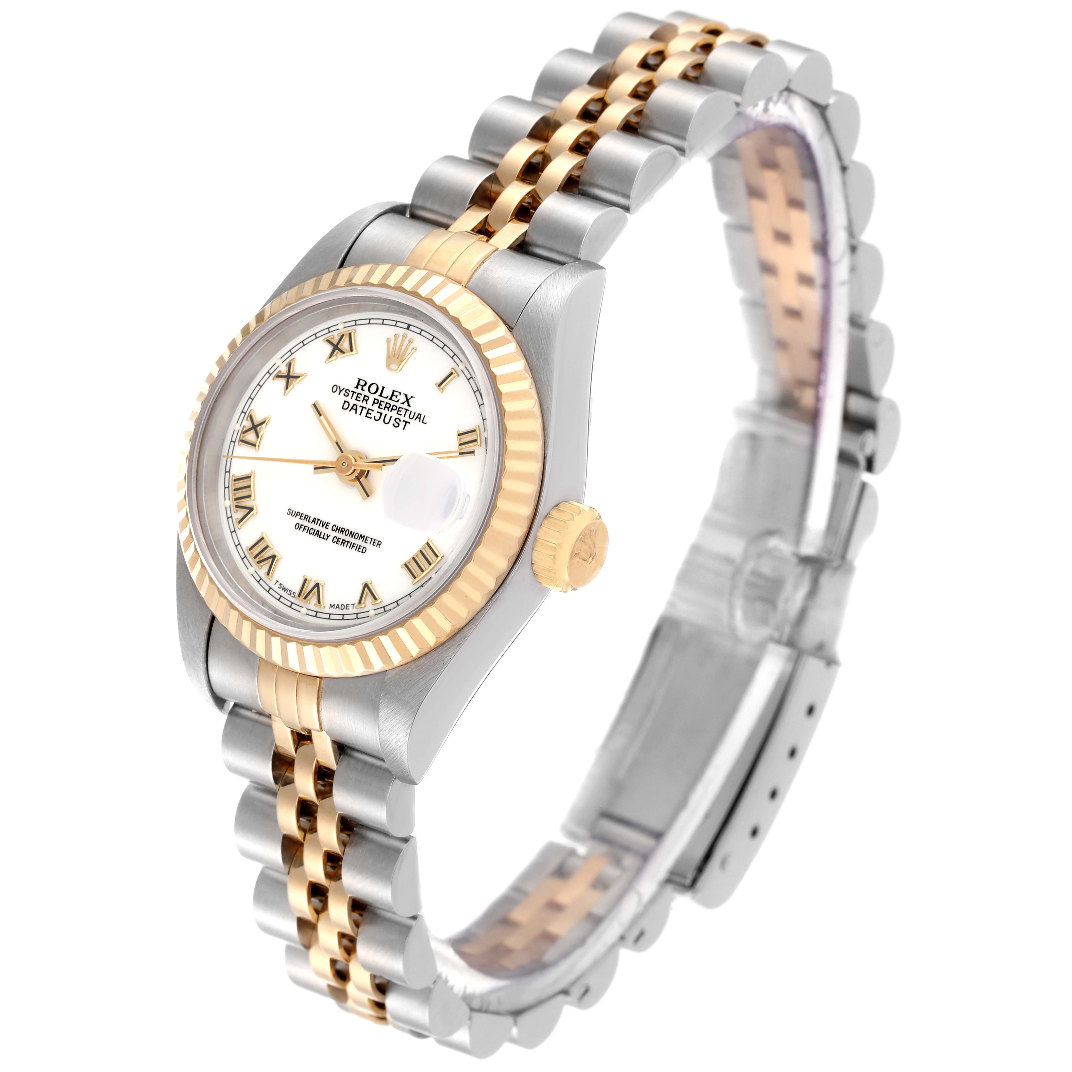 The Rolex Datejust 69173 Women's Steel and Gold (two tone) White Dial 69173 Women's Steel and Gold (two tone) White Dial watch is angled from the front-right side, showcasing the dial, bezel, crown, and part of the bracelet.
