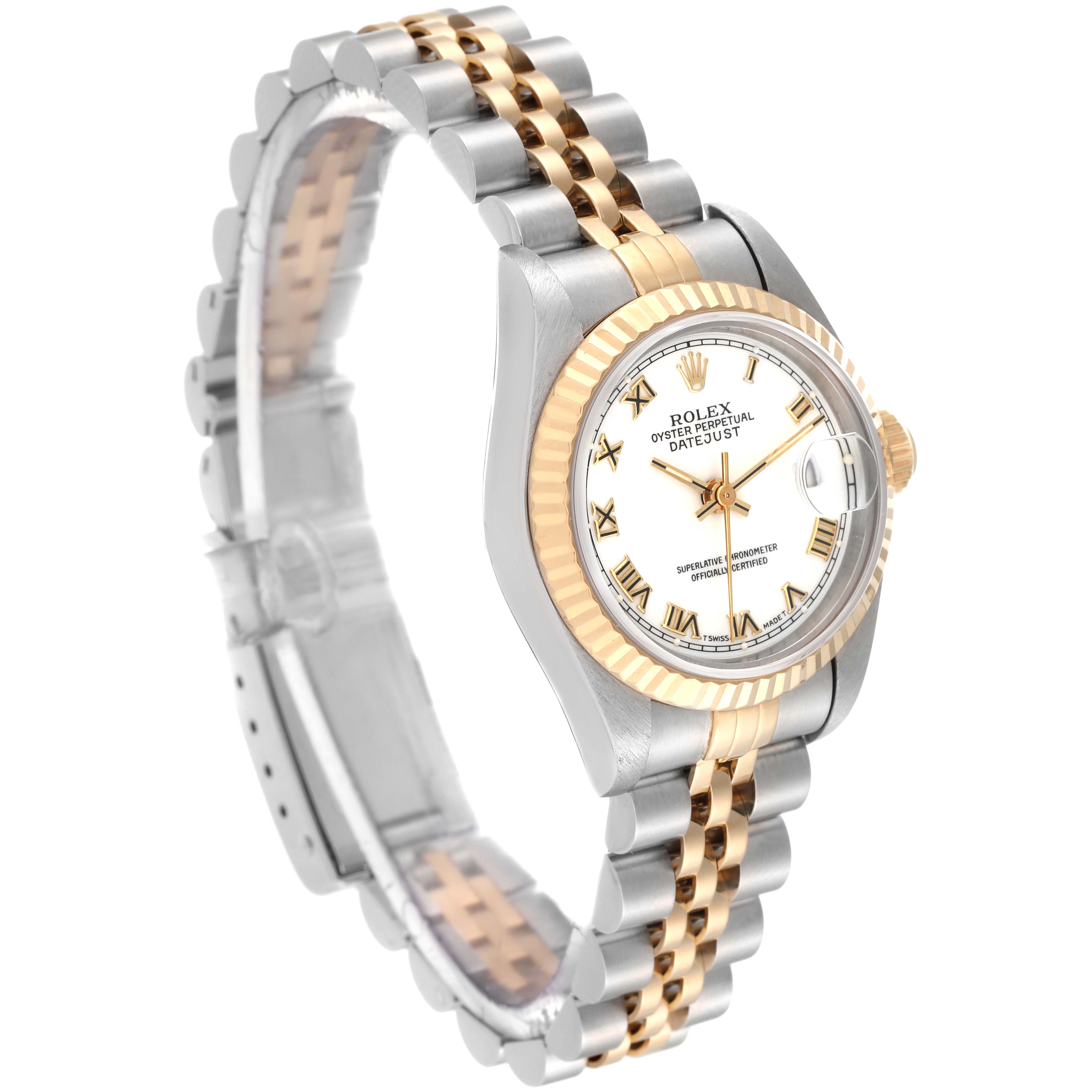 The image shows a side view of a Rolex Datejust 69173 Women's Steel and Gold (two tone) White Dial 69173 Women's Steel and Gold (two tone) White Dial watch, highlighting the two-tone bracelet, case, and white dial with Roman numerals.