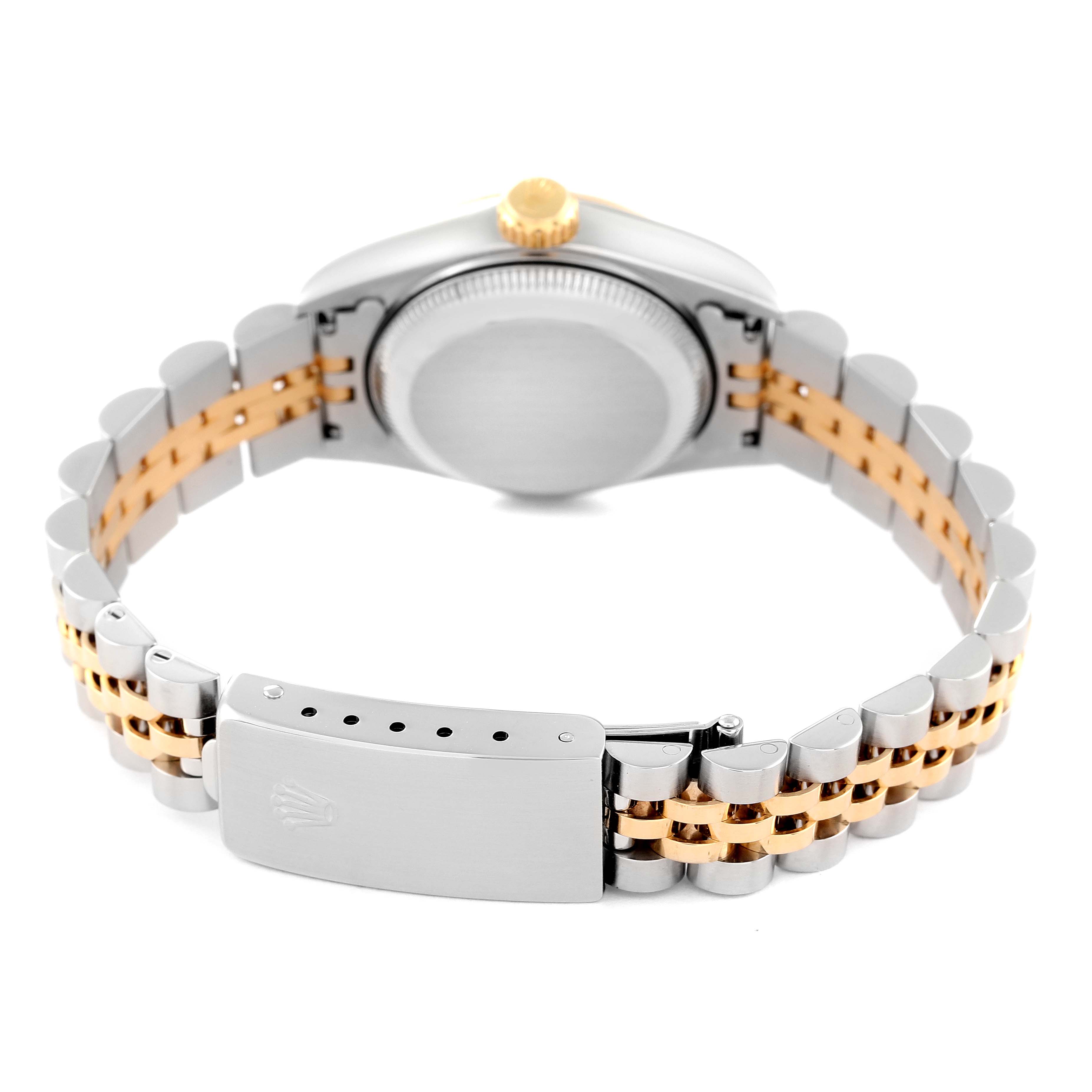 The image shows the back of a Rolex Datejust 69173 Women's Steel and Gold (two tone) White Dial 69173 Women's Steel and Gold (two tone) White Dial watch, highlighting the clasp and two-tone bracelet.