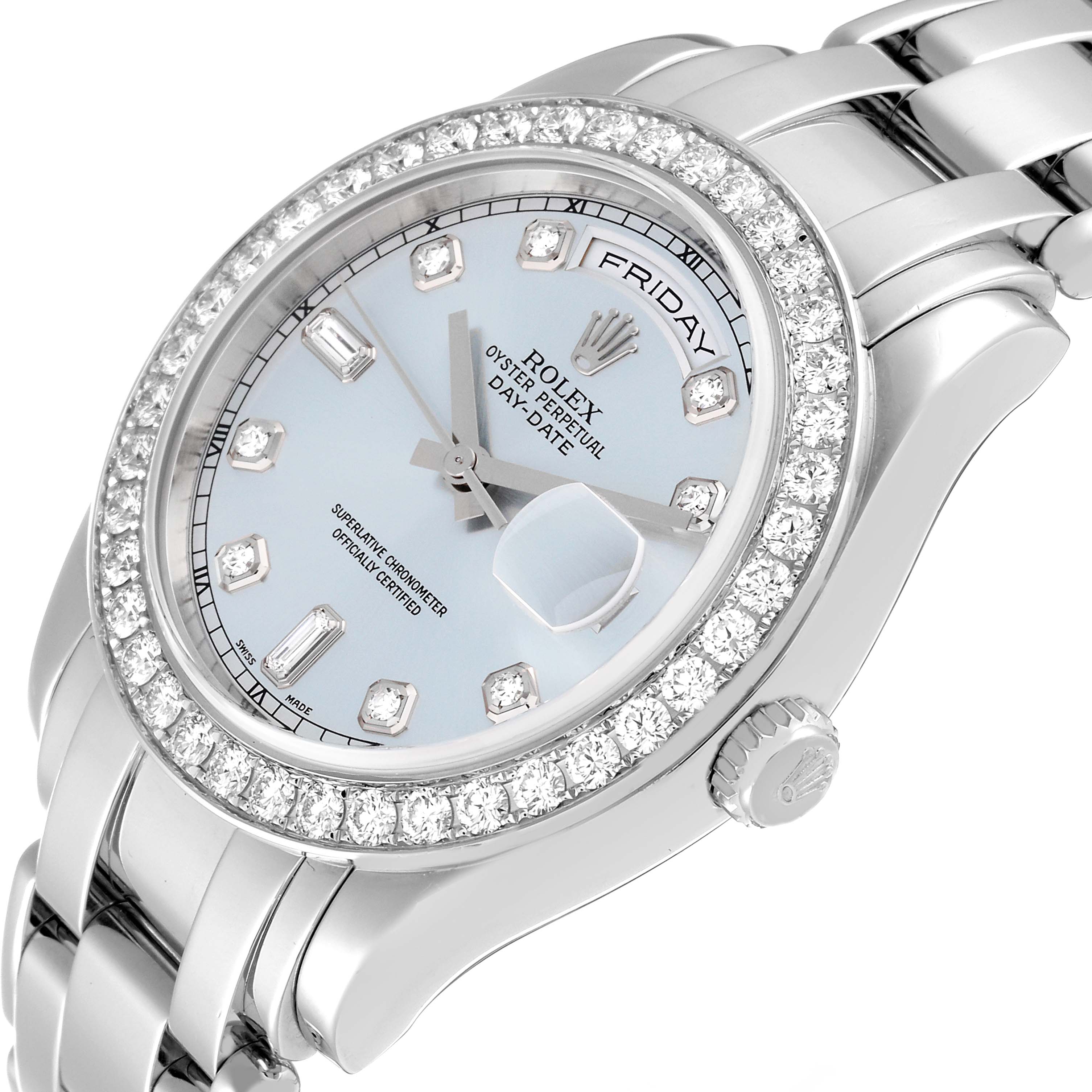 This image shows a close-up angled view of a Rolex President 18946 Men's Platinum Blue Dial 18946 Men's Platinum Blue Dial watch, highlighting its diamond bezel, dial, and part of the bracelet.