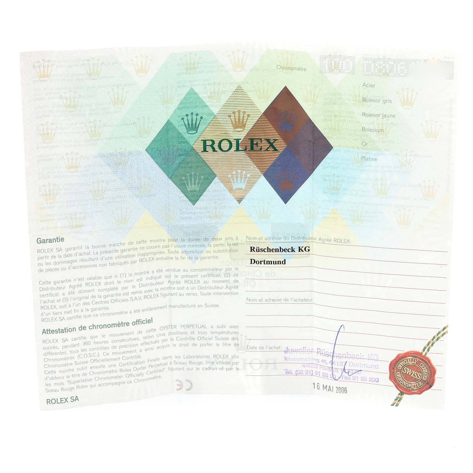 The image shows a certificate or warranty document for a Rolex President 18946 Men's Platinum Blue Dial 18946 Men's Platinum Blue Dial model watch, featuring brand information and dealer details.