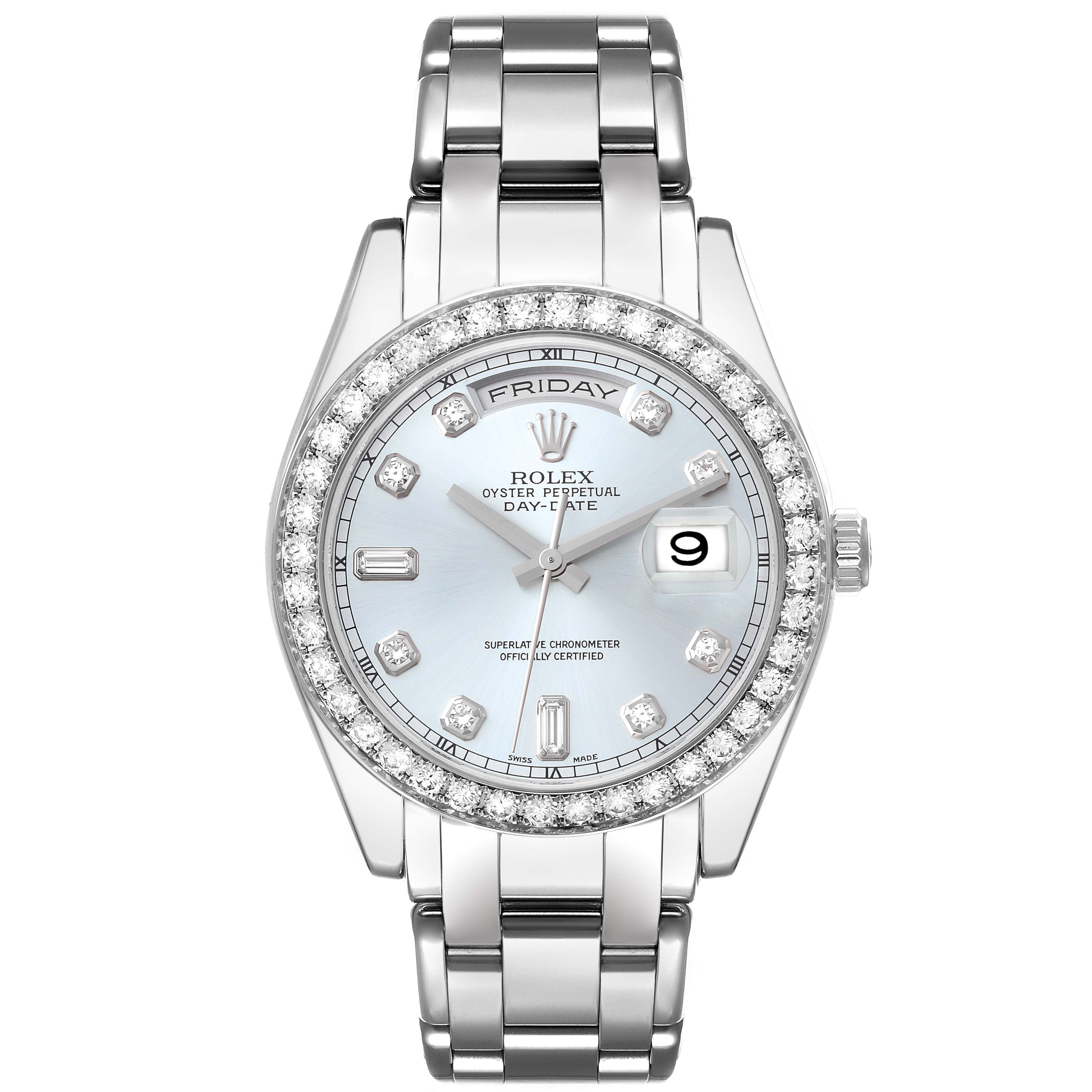 The Rolex President 18946 Men's Platinum Blue Dial 18946 Men's Platinum Blue Dial model watch is shown from a front angle, highlighting the face, bezel, and bracelet.