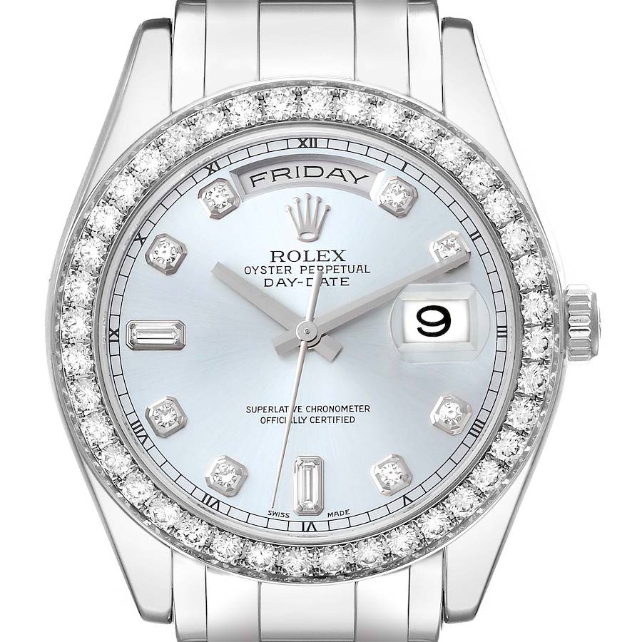 Rolex Day-Date Masterpiece Platinum Ice Blue Diamond Mens Watch 18946 Box Papers SwissWatchExpo