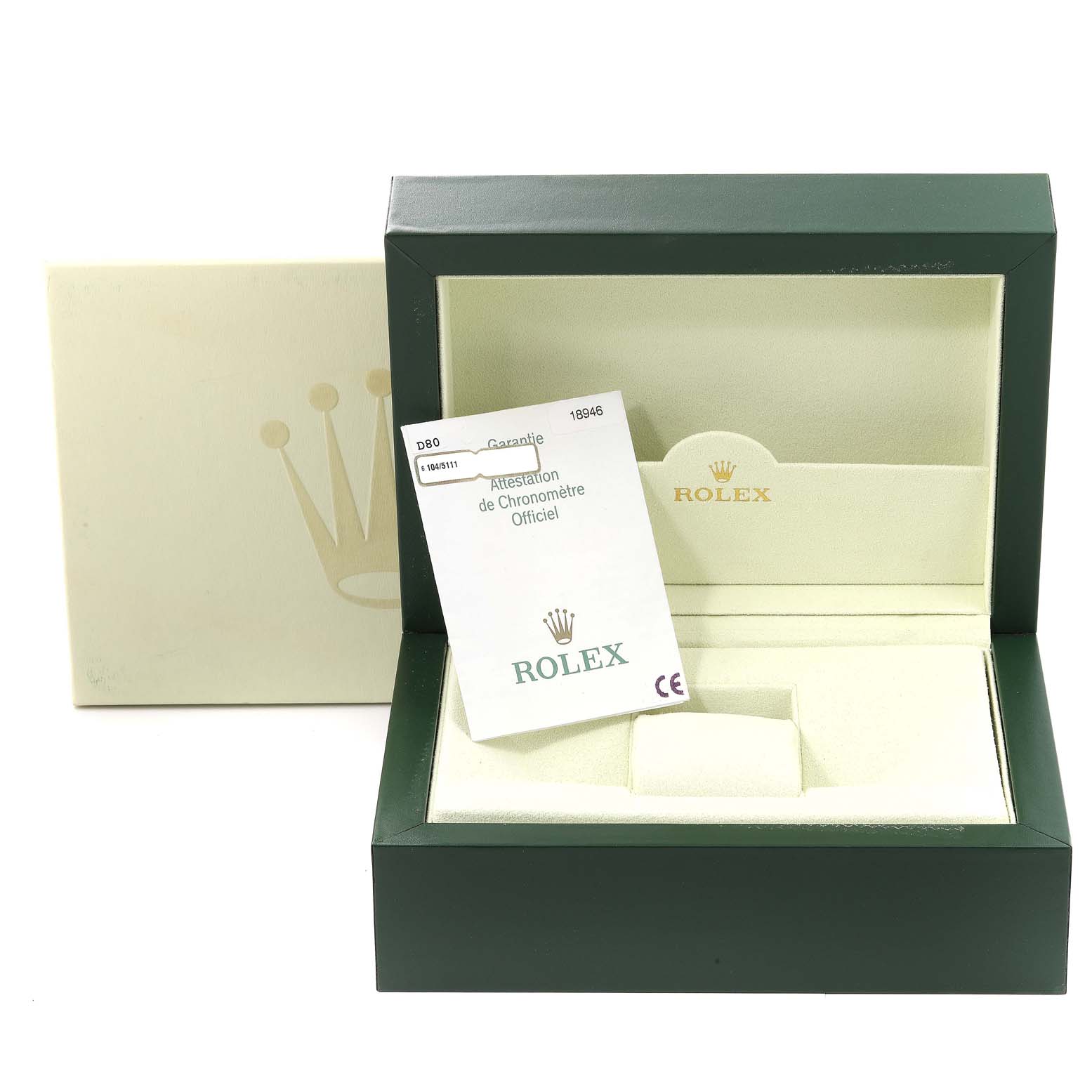 The image shows an open box for the Rolex President 18946 Men's Platinum Blue Dial 18946 Men's Platinum Blue Dial model along with its warranty card.