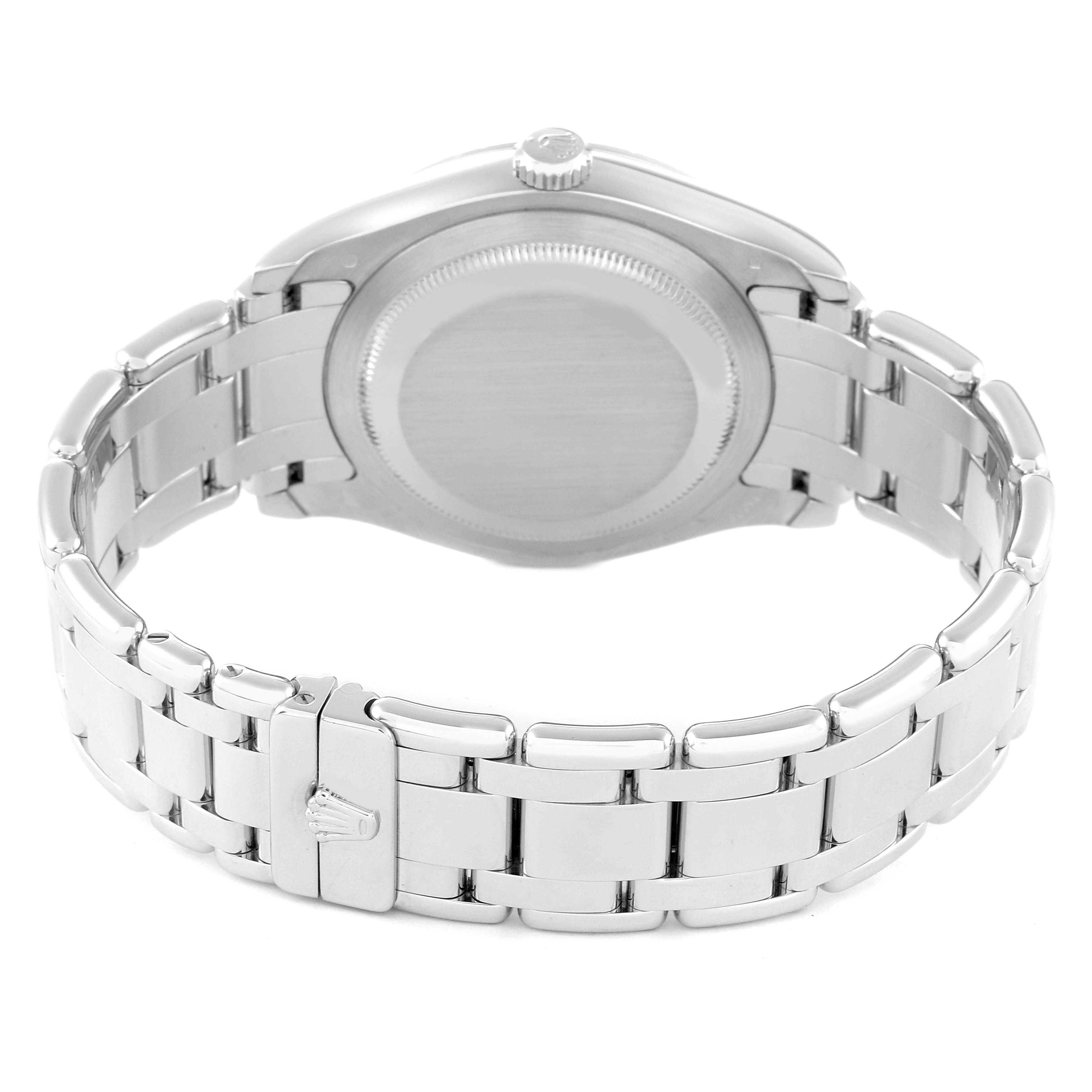 This image shows the back case and bracelet of a Rolex President 18946 Men's Platinum Blue Dial 18946 Men's Platinum Blue Dial model watch at a rear angle.