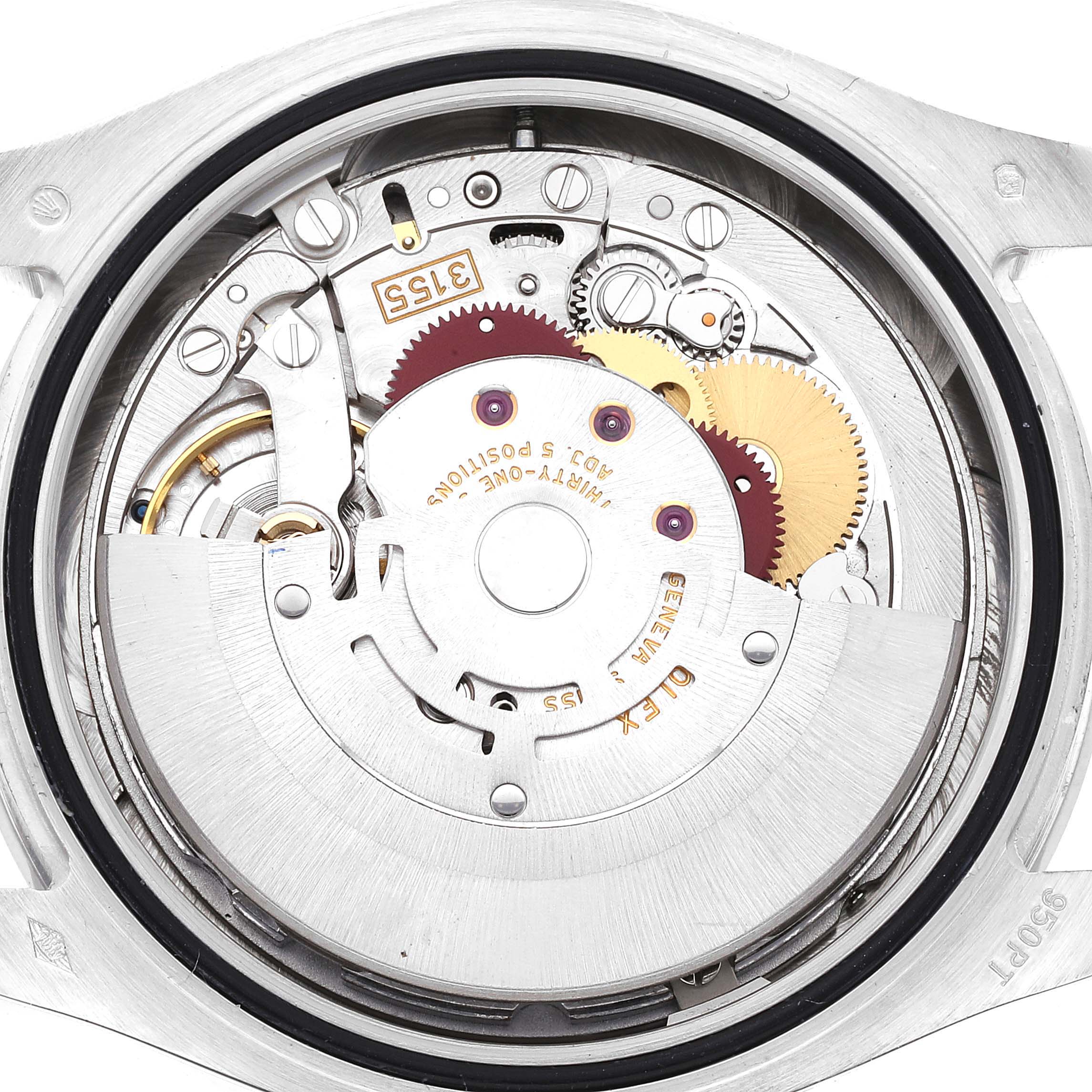 This image shows the internal mechanics of a Rolex President 18946 Men's Platinum Blue Dial 18946 Men's Platinum Blue Dial model watch from a top-down angle.