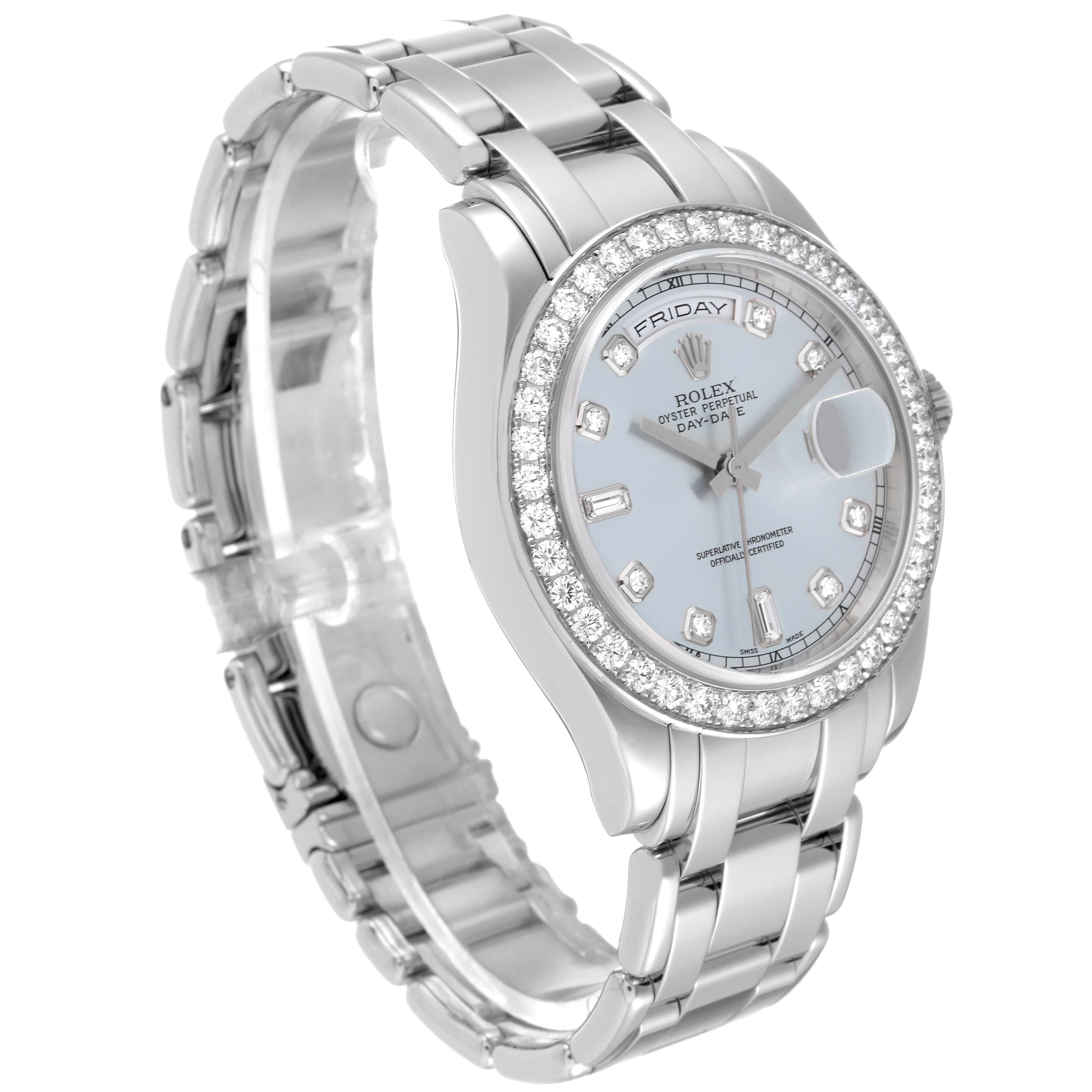 The Rolex President 18946 Men's Platinum Blue Dial 18946 Men's Platinum Blue Dial model is shown at an angle highlighting the bracelet, bezel, and face with the date and day display.