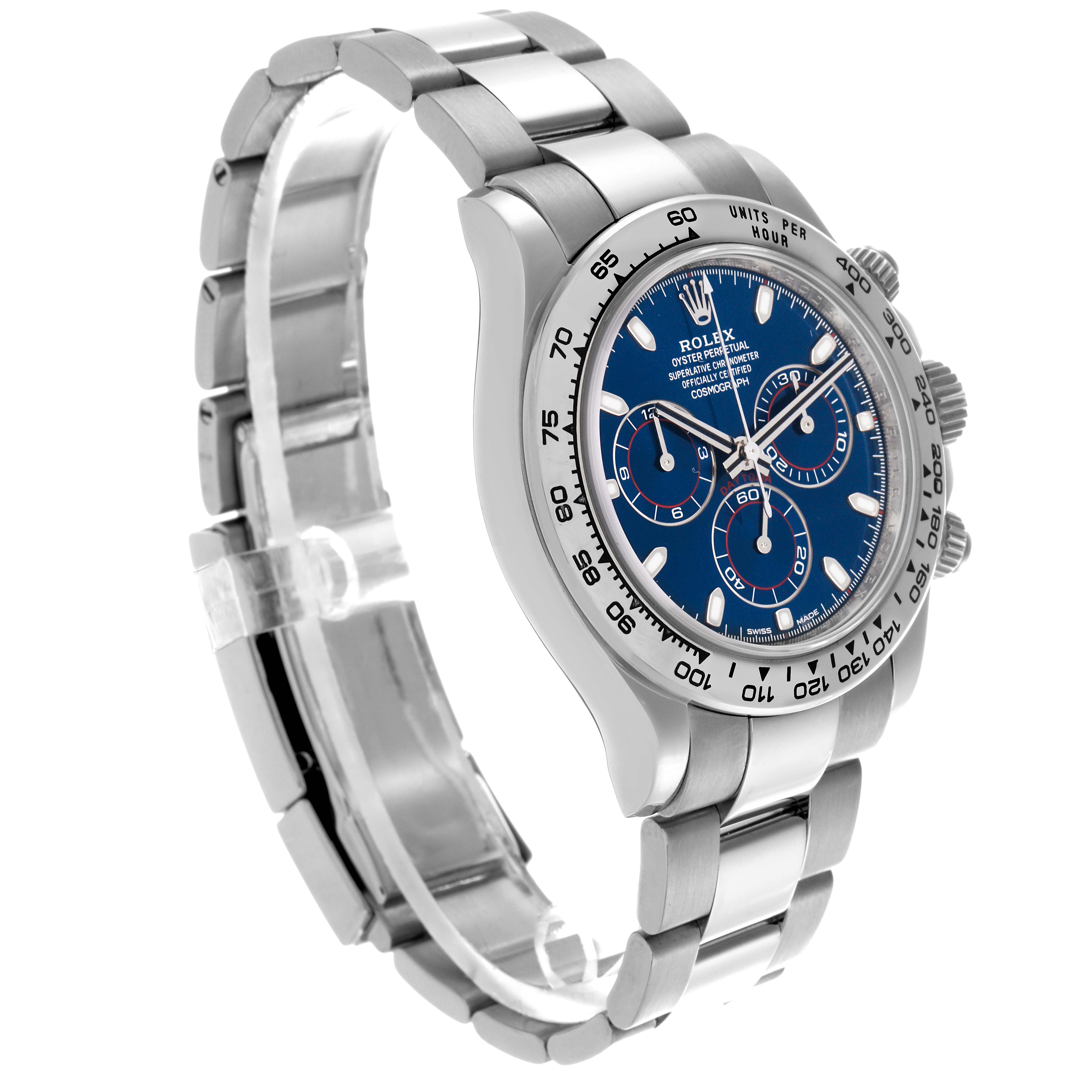 The Rolex Daytona 116509 Men's White Gold Blue Dial 116509 Men's White Gold Blue Dial watch is shown at a three-quarter angle, highlighting the bracelet, bezel, crown, and blue dial with subdials.