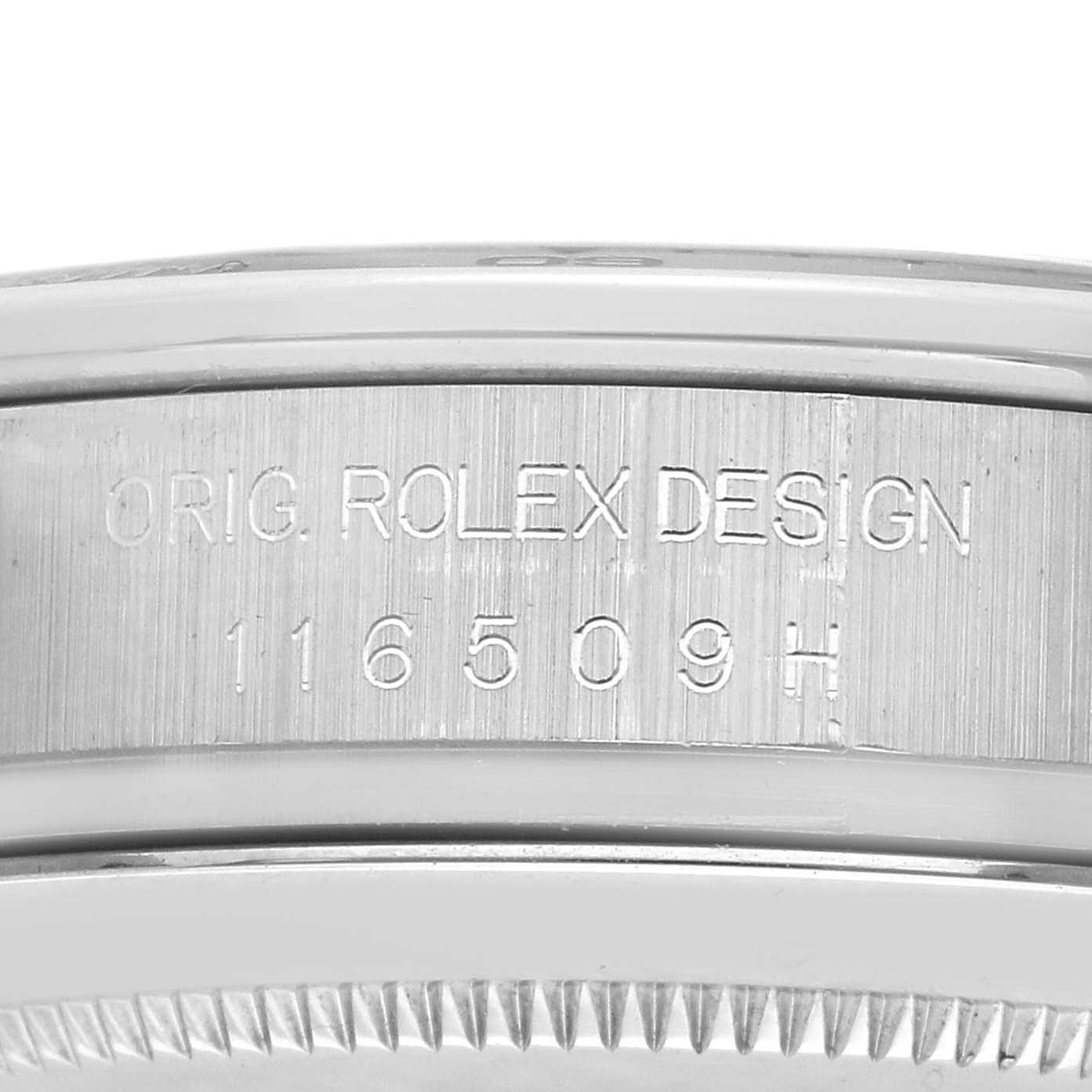 The image shows the side engraving on the case of a Rolex Daytona 116509 Men's White Gold Blue Dial 116509 Men's White Gold Blue Dial watch, featuring the model number.