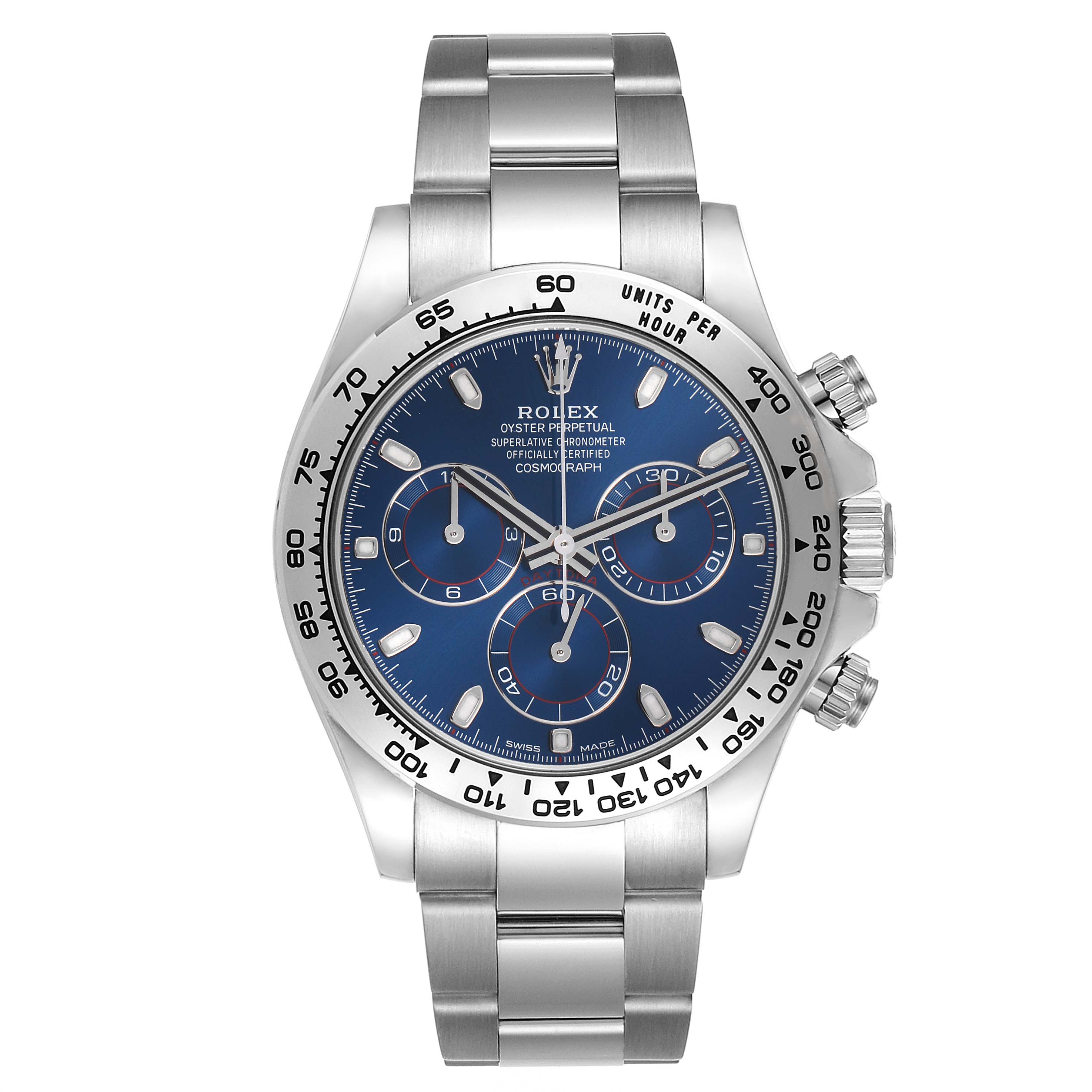 The Rolex Daytona 116509 Men's White Gold Blue Dial 116509 Men's White Gold Blue Dial watch is shown from a front view, displaying the dial, bezel, pushers, and bracelet clearly.