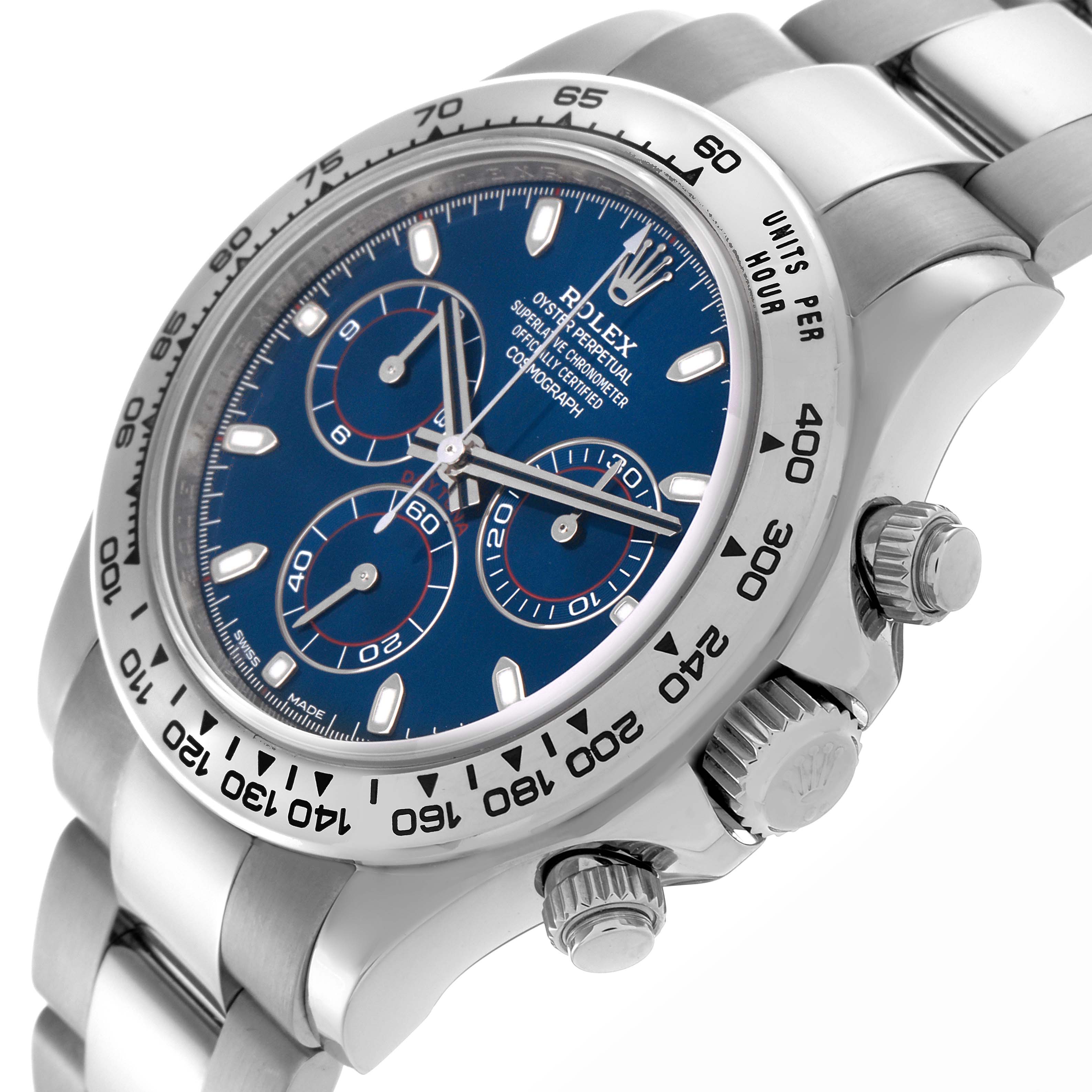The Rolex Daytona 116509 Men's White Gold Blue Dial 116509 Men's White Gold Blue Dial model is shown at a slight angle, highlighting the dial, bezel, pushers, and bracelet.