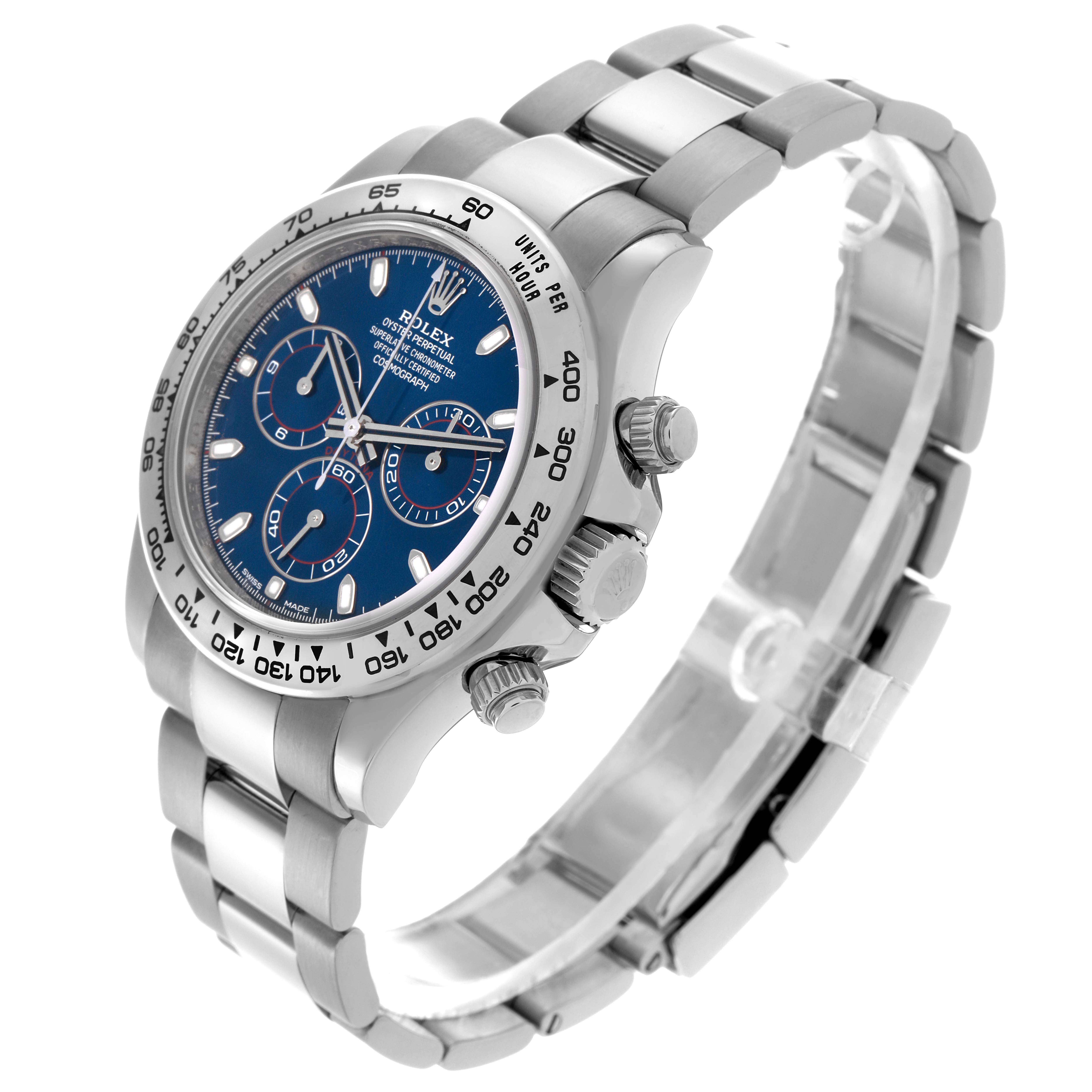 The Rolex Daytona 116509 Men's White Gold Blue Dial 116509 Men's White Gold Blue Dial watch is shown at a three-quarter angle featuring its bezel, crown, pushers, and bracelet.