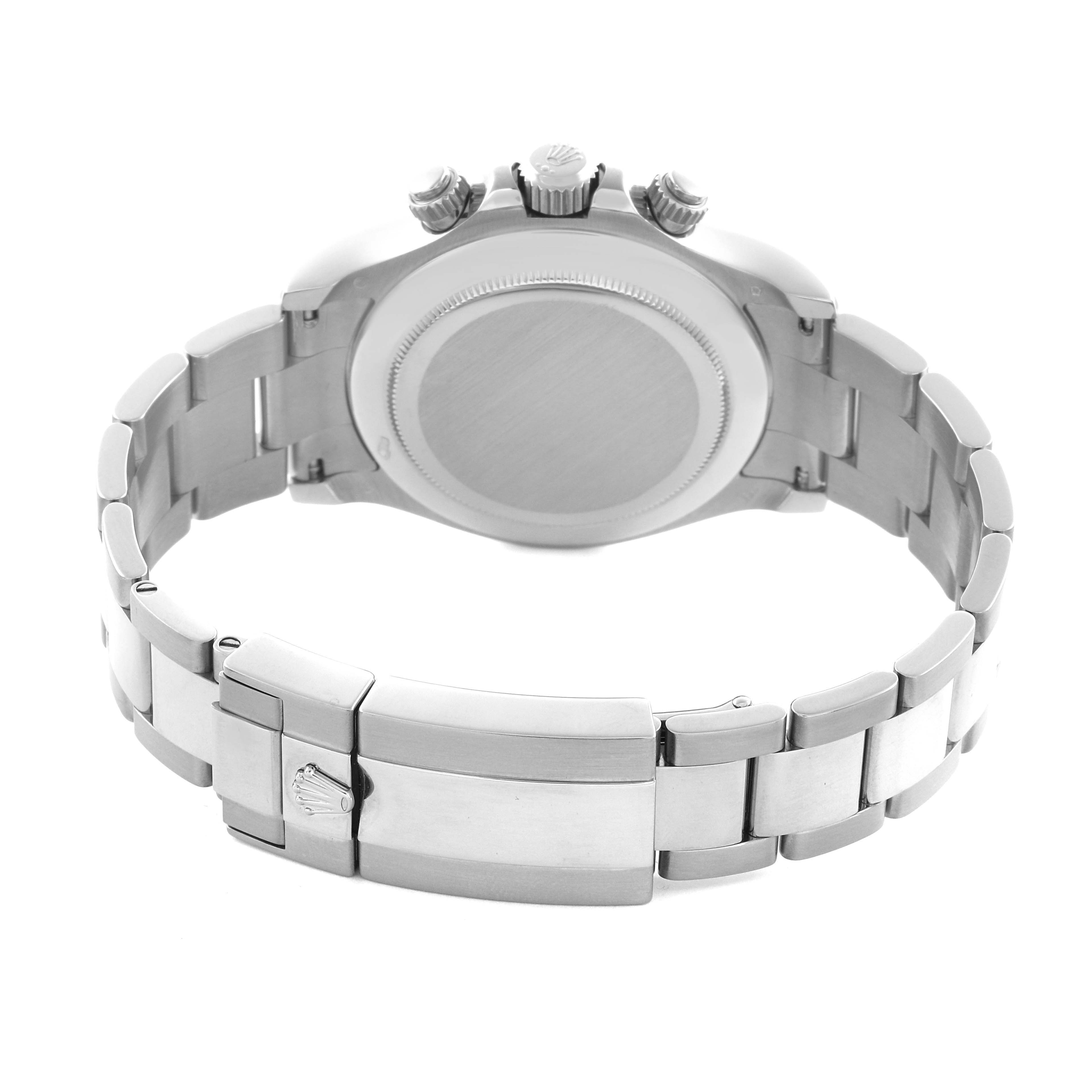 The image shows the back of a Rolex Daytona 116509 Men's White Gold Blue Dial 116509 Men's White Gold Blue Dial watch, highlighting the clasp, bracelet, and caseback.